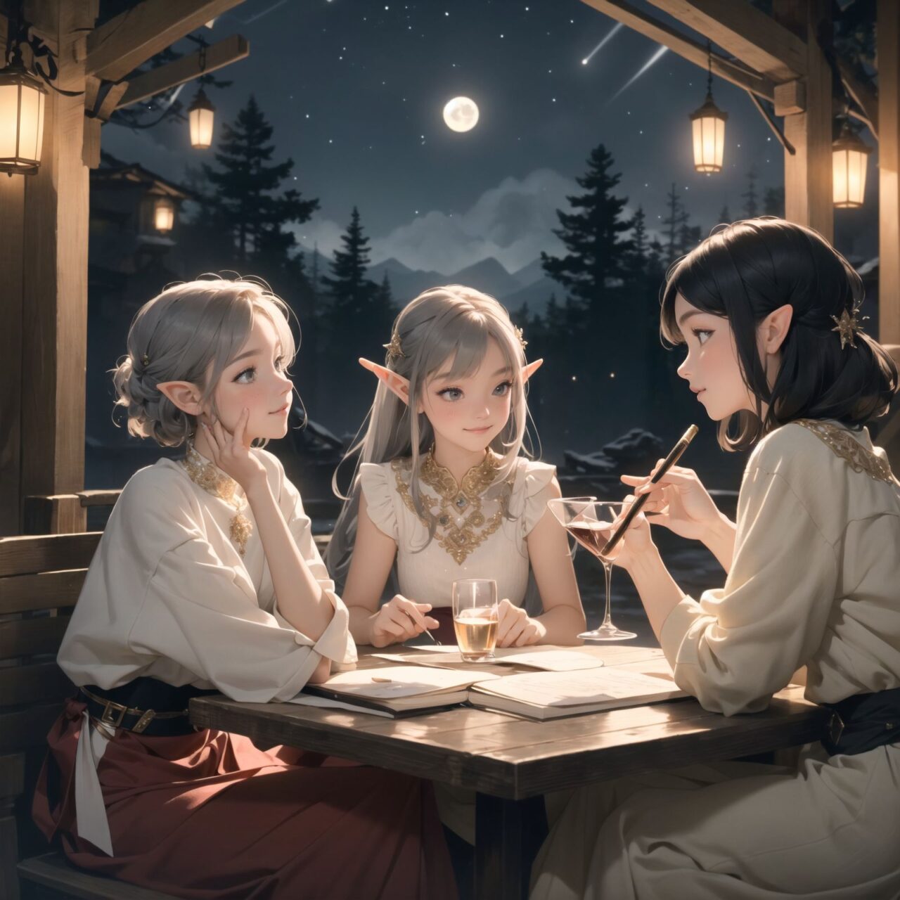 A dark but beautiful night background with four naive 18-year-old (elf girls) reminiscing about their childhood in a fantasy world. The scene is wide shot, set under a clear and mystical moonlight that casts a soft, enchanting glow over the fantastic forest full of life. All life is gathered together, and colorful fairies flit about, adding to the loveliness of the scene.

The girls have blue-grey hair stylishly cut short with delicate hair flow. They have innocent, youthful expressions with gentle smiles, soft blushing cheeks, and a shy attitude, displaying a shy idol smile. The scene captures a melancholic feeling as they nostalgically recall their younger days.

The girls are seated around a rustic wooden table, sipping on elegant glasses of elven wine, their faces illuminated by the clear moonlight. One girl is lost in thought, gazing at the stars; another is laughing softly with her friends, holding her wine glass delicately; the third is playing a gentle tune on a flute, and the fourth is sketching in a small notebook, capturing the magic of the night.

The image focuses on their faces with a shallow depth of field, using an f/1.2 lens, creating a high-resolution image with depth blur. The natural lighting casts soft shadows, enhancing their mature yet youthful beauty and highlighting the intricate details of their elegant attire.