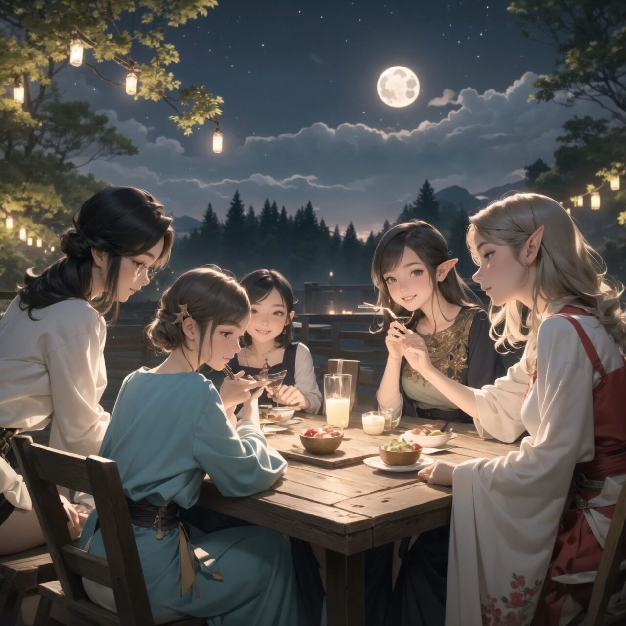 A dark but beautiful night background with four naive 18-year-old (elf girls) reminiscing about their childhood in a fantasy world. The scene is wide shot, set under a clear and mystical moonlight that casts a soft, enchanting glow over the fantastic forest full of life. All life is gathered together, and colorful fairies flit about, adding to the loveliness of the scene.

The girls have blue-grey hair stylishly cut short with delicate hair flow. They have innocent, youthful expressions with gentle smiles, soft blushing cheeks, and a shy attitude, displaying a shy idol smile. The scene captures a melancholic feeling as they nostalgically recall their younger days.

The girls are seated around a rustic wooden table, sipping on elegant glasses of elven wine, their faces illuminated by the clear moonlight. One girl is lost in thought, gazing at the stars; another is laughing softly with her friends, holding her wine glass delicately; the third is playing a gentle tune on a flute, and the fourth is sketching in a small notebook, capturing the magic of the night.

The image focuses on their faces with a shallow depth of field, using an f/1.2 lens, creating a high-resolution image with depth blur. The natural lighting casts soft shadows, enhancing their mature yet youthful beauty and highlighting the intricate details of their elegant attire.