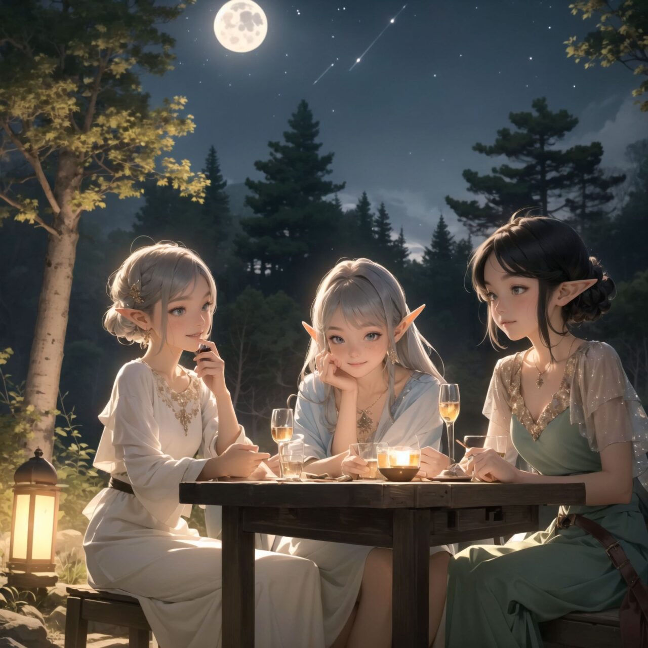 A dark but beautiful night background with four naive 18-year-old (elf girls) reminiscing about their childhood in a fantasy world. The scene is wide shot, set under a clear and mystical moonlight that casts a soft, enchanting glow over the fantastic forest full of life. All life is gathered together, and colorful fairies flit about, adding to the loveliness of the scene.

The girls have blue-grey hair stylishly cut short with delicate hair flow. They have innocent, youthful expressions with gentle smiles, soft blushing cheeks, and a shy attitude, displaying a shy idol smile. The scene captures a melancholic feeling as they nostalgically recall their younger days.

The girls are seated around a rustic wooden table, sipping on elegant glasses of elven wine, their faces illuminated by the clear moonlight. One girl is lost in thought, gazing at the stars; another is laughing softly with her friends, holding her wine glass delicately; the third is playing a gentle tune on a flute, and the fourth is sketching in a small notebook, capturing the magic of the night.

The image focuses on their faces with a shallow depth of field, using an f/1.2 lens, creating a high-resolution image with depth blur. The natural lighting casts soft shadows, enhancing their mature yet youthful beauty and highlighting the intricate details of their elegant attire.