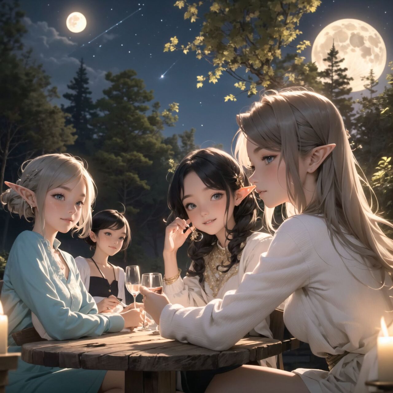 A dark but beautiful night background with four naive 18-year-old (elf girls) reminiscing about their childhood in a fantasy world. The scene is wide shot, set under a clear and mystical moonlight that casts a soft, enchanting glow over the fantastic forest full of life. All life is gathered together, and colorful fairies flit about, adding to the loveliness of the scene.

The girls have blue-grey hair stylishly cut short with delicate hair flow. They have innocent, youthful expressions with gentle smiles, soft blushing cheeks, and a shy attitude, displaying a shy idol smile. The scene captures a melancholic feeling as they nostalgically recall their younger days.

The girls are seated around a rustic wooden table, sipping on elegant glasses of elven wine, their faces illuminated by the clear moonlight. One girl is lost in thought, gazing at the stars; another is laughing softly with her friends, holding her wine glass delicately; the third is playing a gentle tune on a flute, and the fourth is sketching in a small notebook, capturing the magic of the night.

The image focuses on their faces with a shallow depth of field, using an f/1.2 lens, creating a high-resolution image with depth blur. The natural lighting casts soft shadows, enhancing their mature yet youthful beauty and highlighting the intricate details of their elegant attire.