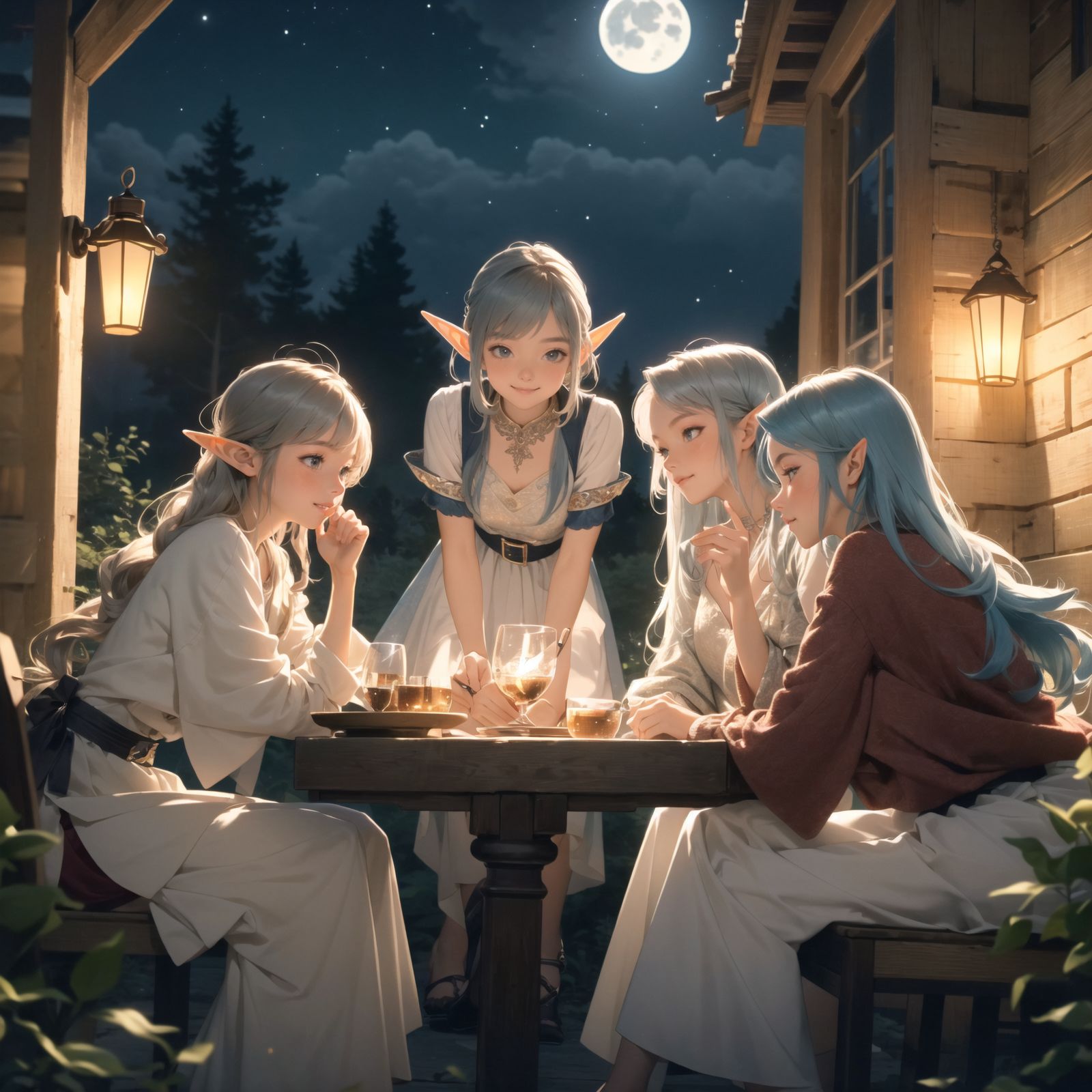 A dark but beautiful night background with four naive 18-year-old (elf girls) reminiscing about their childhood in a fantasy world. The scene is wide shot, set under a clear and mystical moonlight that casts a soft, enchanting glow over the fantastic forest full of life. All life is gathered together, and colorful fairies flit about, adding to the loveliness of the scene.

The girls have blue-grey hair stylishly cut short with delicate hair flow. They have innocent, youthful expressions with gentle smiles, soft blushing cheeks, and a shy attitude, displaying a shy idol smile. The scene captures a melancholic feeling as they nostalgically recall their younger days.

The girls are seated around a rustic wooden table, sipping on elegant glasses of elven wine, their faces illuminated by the clear moonlight. One girl is lost in thought, gazing at the stars; another is laughing softly with her friends, holding her wine glass delicately; the third is playing a gentle tune on a flute, and the fourth is sketching in a small notebook, capturing the magic of the night.

The image focuses on their faces with a shallow depth of field, using an f/1.2 lens, creating a high-resolution image with depth blur. The natural lighting casts soft shadows, enhancing their mature yet youthful beauty and highlighting the intricate details of their elegant attire.