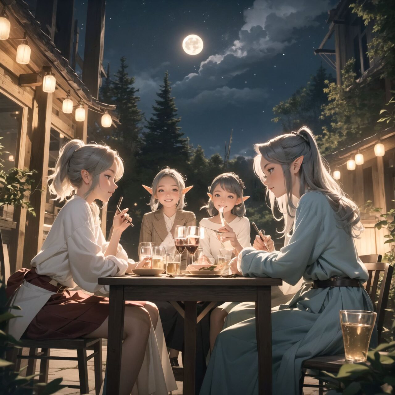 A dark but beautiful night background with four naive 18-year-old (elf girls) reminiscing about their childhood in a fantasy world. The scene is wide shot, set under a clear and mystical moonlight that casts a soft, enchanting glow over the fantastic forest full of life. All life is gathered together, and colorful fairies flit about, adding to the loveliness of the scene.

The girls have blue-grey hair stylishly cut short with delicate hair flow. They have innocent, youthful expressions with gentle smiles, soft blushing cheeks, and a shy attitude, displaying a shy idol smile. The scene captures a melancholic feeling as they nostalgically recall their younger days.

The girls are seated around a rustic wooden table, sipping on elegant glasses of elven wine, their faces illuminated by the clear moonlight. One girl is lost in thought, gazing at the stars; another is laughing softly with her friends, holding her wine glass delicately; the third is playing a gentle tune on a flute, and the fourth is sketching in a small notebook, capturing the magic of the night.

The image focuses on their faces with a shallow depth of field, using an f/1.2 lens, creating a high-resolution image with depth blur. The natural lighting casts soft shadows, enhancing their mature yet youthful beauty and highlighting the intricate details of their elegant attire.