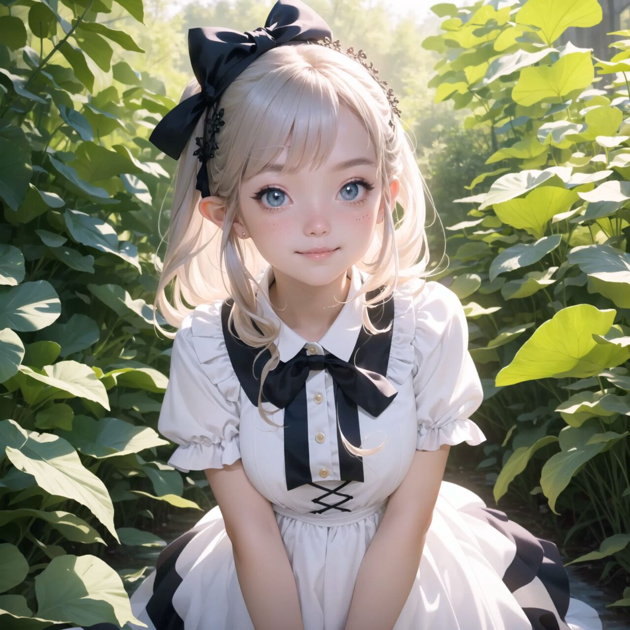 Adorable and charming 10-year-old elf lolita girl,
innocent and youthful expression, gentle smile with soft blushing cheeks, shy yet endearing demeanor,

cute and embarrassed idol smile,

deep dark blue-green eyes sparkling with purity,
silvery hair, stylishly cut short, delicately flowing strands,

facing the camera, making eye contact, exuding childlike wonder,

cute and natural posture, youthful and graceful,

flirtatious and innocent eyes, perfect blend of innocence and enchantment,
quintessential kawaii girl,
Lolita fashion elements, fresh and pure poses, radiating natural charm,

low angle shot emphasizing her kawaii appeal and highlighting the delicate textures of her hair and clothes,
natural lighting casting soft shadows, enhancing the youthful contours of her face,

sharp focus,

high resolution, vivid and detailed,
professional quality, vibrant colors,

ultra-high resolution capturing every detail from the individual strands of her hair to the intricate patterns of her outfit,
professional-grade clarity and contrast bringing vibrant colors to life,