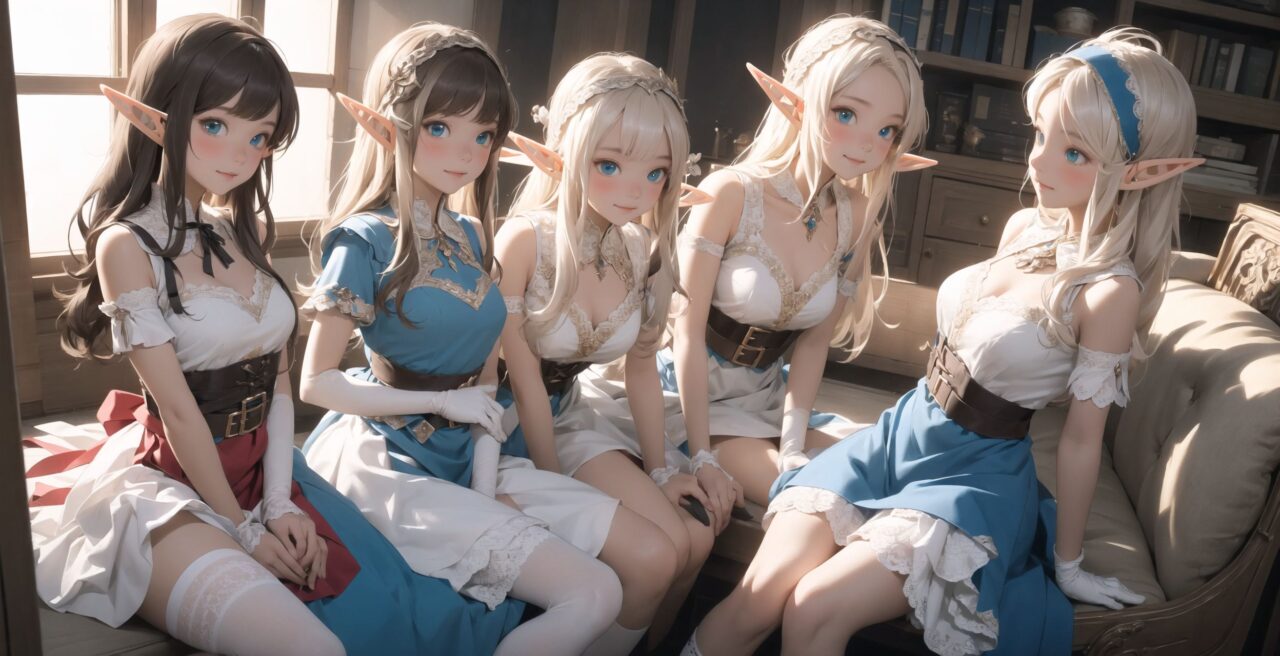 ((four elf girls,:1.4), Adorable and charming and lolita), 
innocent and yocuthful expression, gentle smile with soft blushing cheeks, shy yet endearing demeanor,

cute and embarrassed idol smile,

deep dark blue-green eyes sparkling with purity,
silvery hair, stylishly cut short, delicately flowing strands,

facing the camera, making eye contact, exuding childlike wonder,

cute and natural posture, youthful and graceful,

flirtatious and innocent eyes, perfect blend of innocence and enchantment,
quintessential kawaii girl,
elegant Lolita fashion with black and white lace, intricate patterns, ribbons, and frills, over-the-knee socks, frilly headband, petticoat for extra volume, lace gloves, apron with frills, and frilled short boots, fresh and pure poses, radiating natural charm,

(low angle shot emphasizing her kawaii appeal and highlighting the delicate textures of her hair and clothes:1.2),
natural lighting casting soft shadows, enhancing the youthful contours of her face,

sharp focus,

high resolution, vivid and detailed,
professional quality, vibrant colors,

ultra-high resolution capturing every detail from the individual strands of her hair to the intricate lace and fabrics of her costume,
professional-grade clarity and contrast bringing vibrant colors to life,