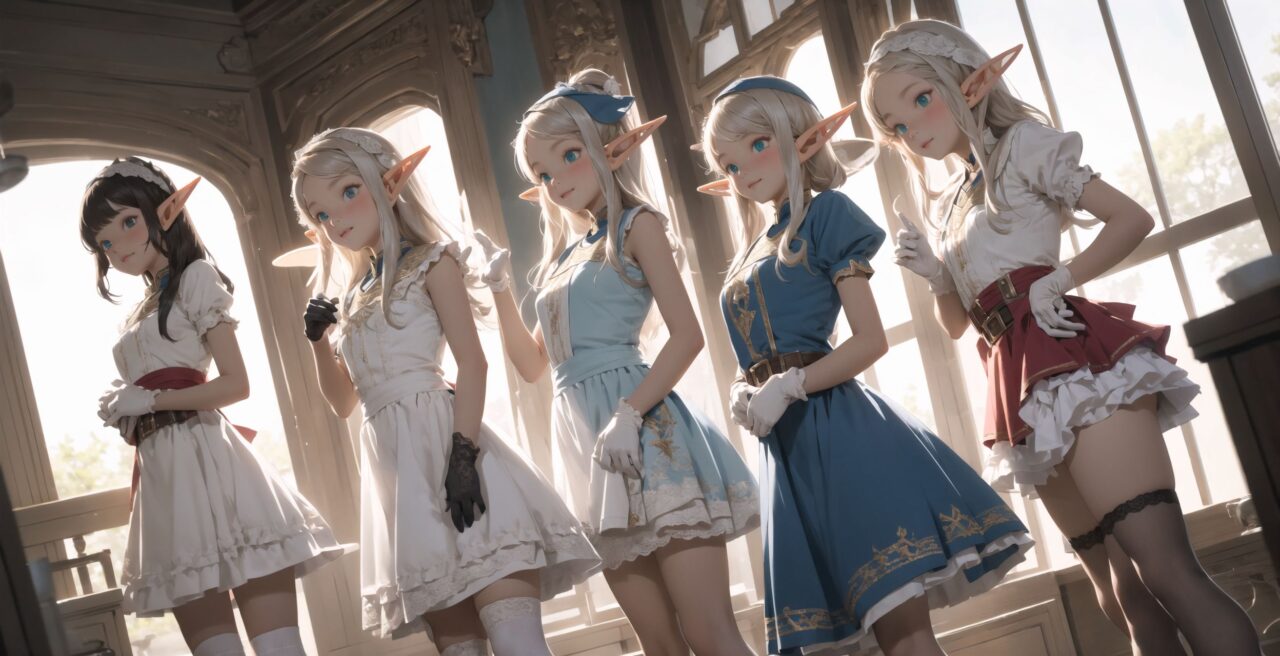 ((four elf girls,:1.4), Adorable and charming and lolita), 
innocent and yocuthful expression, gentle smile with soft blushing cheeks, shy yet endearing demeanor,

cute and embarrassed idol smile,

deep dark blue-green eyes sparkling with purity,
silvery hair, stylishly cut short, delicately flowing strands,

facing the camera, making eye contact, exuding childlike wonder,

cute and natural posture, youthful and graceful,

flirtatious and innocent eyes, perfect blend of innocence and enchantment,
quintessential kawaii girl,
elegant Lolita fashion with black and white lace, intricate patterns, ribbons, and frills, over-the-knee socks, frilly headband, petticoat for extra volume, lace gloves, apron with frills, and frilled short boots, fresh and pure poses, radiating natural charm,

(low angle shot emphasizing her kawaii appeal and highlighting the delicate textures of her hair and clothes:1.2),
natural lighting casting soft shadows, enhancing the youthful contours of her face,

sharp focus,

high resolution, vivid and detailed,
professional quality, vibrant colors,

ultra-high resolution capturing every detail from the individual strands of her hair to the intricate lace and fabrics of her costume,
professional-grade clarity and contrast bringing vibrant colors to life,