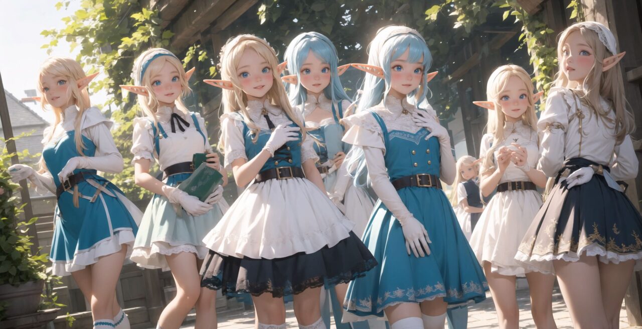 ((four elf girls,:1.4), Adorable and charming and lolita), 
innocent and yocuthful expression, gentle smile with soft blushing cheeks, shy yet endearing demeanor,

cute and embarrassed idol smile,

deep dark blue-green eyes sparkling with purity,
silvery hair, stylishly cut short, delicately flowing strands,

facing the camera, making eye contact, exuding childlike wonder,

cute and natural posture, youthful and graceful,

flirtatious and innocent eyes, perfect blend of innocence and enchantment,
quintessential kawaii girl,
elegant Lolita fashion with black and white lace, intricate patterns, ribbons, and frills, over-the-knee socks, frilly headband, petticoat for extra volume, lace gloves, apron with frills, and frilled short boots, fresh and pure poses, radiating natural charm,

(low angle shot emphasizing her kawaii appeal and highlighting the delicate textures of her hair and clothes:1.2),
natural lighting casting soft shadows, enhancing the youthful contours of her face,

sharp focus,

high resolution, vivid and detailed,
professional quality, vibrant colors,

ultra-high resolution capturing every detail from the individual strands of her hair to the intricate lace and fabrics of her costume,
professional-grade clarity and contrast bringing vibrant colors to life,