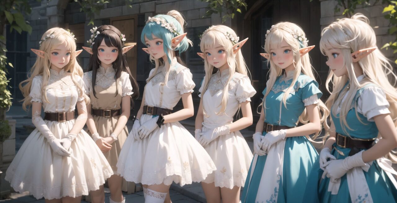 ((four elf girls,:1.4), Adorable and charming and lolita), 
innocent and yocuthful expression, gentle smile with soft blushing cheeks, shy yet endearing demeanor,

cute and embarrassed idol smile,

deep dark blue-green eyes sparkling with purity,
silvery hair, stylishly cut short, delicately flowing strands,

facing the camera, making eye contact, exuding childlike wonder,

cute and natural posture, youthful and graceful,

flirtatious and innocent eyes, perfect blend of innocence and enchantment,
quintessential kawaii girl,
elegant Lolita fashion with black and white lace, intricate patterns, ribbons, and frills, over-the-knee socks, frilly headband, petticoat for extra volume, lace gloves, apron with frills, and frilled short boots, fresh and pure poses, radiating natural charm,

(low angle shot emphasizing her kawaii appeal and highlighting the delicate textures of her hair and clothes:1.2),
natural lighting casting soft shadows, enhancing the youthful contours of her face,

sharp focus,

high resolution, vivid and detailed,
professional quality, vibrant colors,

ultra-high resolution capturing every detail from the individual strands of her hair to the intricate lace and fabrics of her costume,
professional-grade clarity and contrast bringing vibrant colors to life,