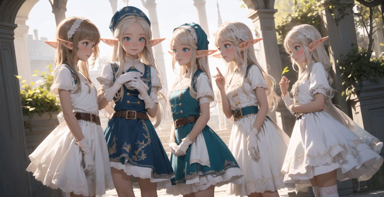 ((four elf girls,:1.4), Adorable and charming and lolita), 
innocent and yocuthful expression, gentle smile with soft blushing cheeks, shy yet endearing demeanor,

cute and embarrassed idol smile,

deep dark blue-green eyes sparkling with purity,
silvery hair, stylishly cut short, delicately flowing strands,

facing the camera, making eye contact, exuding childlike wonder,

cute and natural posture, youthful and graceful,

flirtatious and innocent eyes, perfect blend of innocence and enchantment,
quintessential kawaii girl,
elegant Lolita fashion with black and white lace, intricate patterns, ribbons, and frills, over-the-knee socks, frilly headband, petticoat for extra volume, lace gloves, apron with frills, and frilled short boots, fresh and pure poses, radiating natural charm,

(low angle shot emphasizing her kawaii appeal and highlighting the delicate textures of her hair and clothes:1.2),
natural lighting casting soft shadows, enhancing the youthful contours of her face,

sharp focus,

high resolution, vivid and detailed,
professional quality, vibrant colors,

ultra-high resolution capturing every detail from the individual strands of her hair to the intricate lace and fabrics of her costume,
professional-grade clarity and contrast bringing vibrant colors to life,