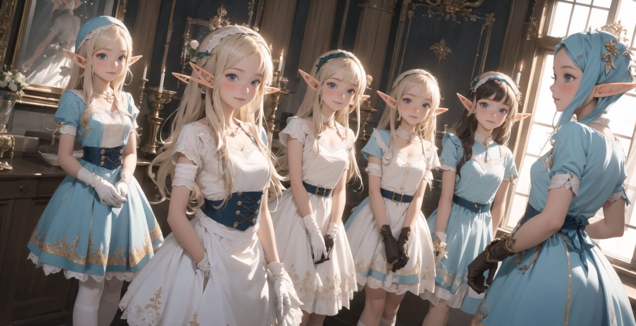 ((four elf girls,:1.4), Adorable and charming and lolita), 
innocent and yocuthful expression, gentle smile with soft blushing cheeks, shy yet endearing demeanor,

cute and embarrassed idol smile,

deep dark blue-green eyes sparkling with purity,
silvery hair, stylishly cut short, delicately flowing strands,

facing the camera, making eye contact, exuding childlike wonder,

cute and natural posture, youthful and graceful,

flirtatious and innocent eyes, perfect blend of innocence and enchantment,
quintessential kawaii girl,
elegant Lolita fashion with black and white lace, intricate patterns, ribbons, and frills, over-the-knee socks, frilly headband, petticoat for extra volume, lace gloves, apron with frills, and frilled short boots, fresh and pure poses, radiating natural charm,

(low angle shot emphasizing her kawaii appeal and highlighting the delicate textures of her hair and clothes:1.2),
natural lighting casting soft shadows, enhancing the youthful contours of her face,

sharp focus,

high resolution, vivid and detailed,
professional quality, vibrant colors,

ultra-high resolution capturing every detail from the individual strands of her hair to the intricate lace and fabrics of her costume,
professional-grade clarity and contrast bringing vibrant colors to life,