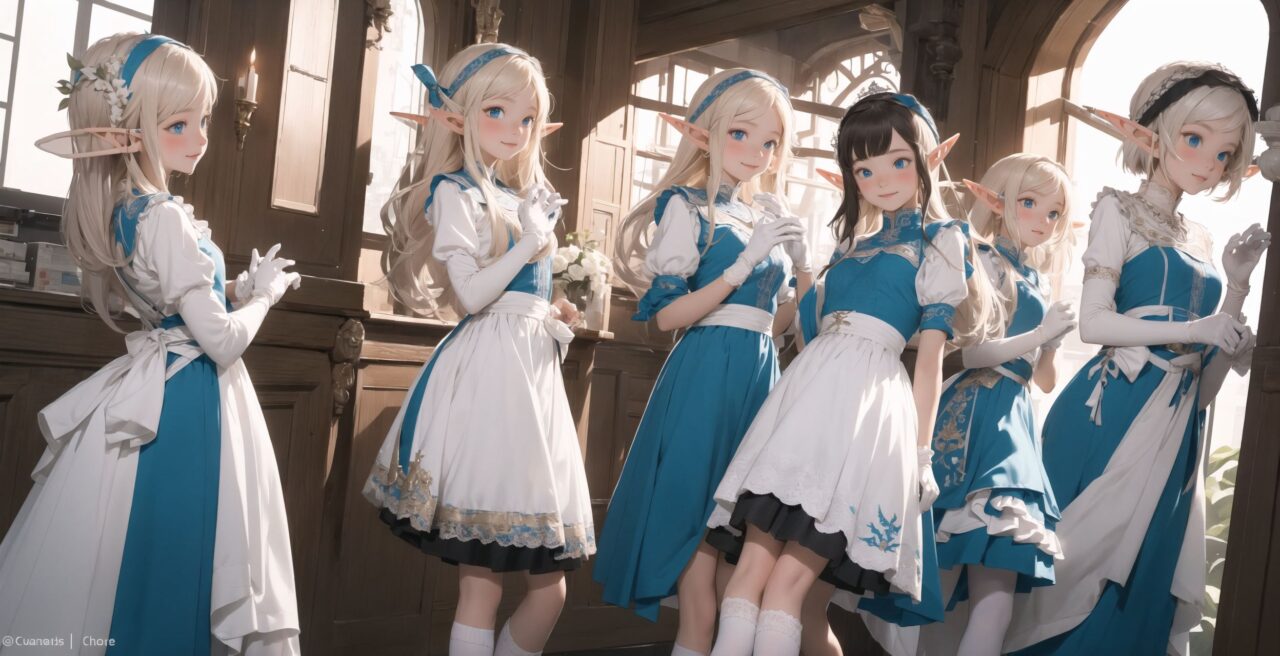 ((four elf girls,:1.4), Adorable and charming and lolita), 
innocent and yocuthful expression, gentle smile with soft blushing cheeks, shy yet endearing demeanor,

cute and embarrassed idol smile,

deep dark blue-green eyes sparkling with purity,
silvery hair, stylishly cut short, delicately flowing strands,

facing the camera, making eye contact, exuding childlike wonder,

cute and natural posture, youthful and graceful,

flirtatious and innocent eyes, perfect blend of innocence and enchantment,
quintessential kawaii girl,
elegant Lolita fashion with black and white lace, intricate patterns, ribbons, and frills, over-the-knee socks, frilly headband, petticoat for extra volume, lace gloves, apron with frills, and frilled short boots, fresh and pure poses, radiating natural charm,

(low angle shot emphasizing her kawaii appeal and highlighting the delicate textures of her hair and clothes:1.2),
natural lighting casting soft shadows, enhancing the youthful contours of her face,

sharp focus,

high resolution, vivid and detailed,
professional quality, vibrant colors,

ultra-high resolution capturing every detail from the individual strands of her hair to the intricate lace and fabrics of her costume,
professional-grade clarity and contrast bringing vibrant colors to life,