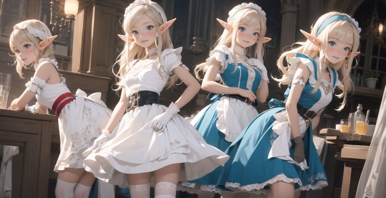 ((four elf girls,:1.4), Adorable and charming and lolita), 
innocent and yocuthful expression, gentle smile with soft blushing cheeks, shy yet endearing demeanor,

cute and embarrassed idol smile,

deep dark blue-green eyes sparkling with purity,
silvery hair, stylishly cut short, delicately flowing strands,

facing the camera, making eye contact, exuding childlike wonder,

cute and natural posture, youthful and graceful,

flirtatious and innocent eyes, perfect blend of innocence and enchantment,
quintessential kawaii girl,
elegant Lolita fashion with black and white lace, intricate patterns, ribbons, and frills, over-the-knee socks, frilly headband, petticoat for extra volume, lace gloves, apron with frills, and frilled short boots, fresh and pure poses, radiating natural charm,

(low angle shot emphasizing her kawaii appeal and highlighting the delicate textures of her hair and clothes:1.2),
natural lighting casting soft shadows, enhancing the youthful contours of her face,

sharp focus,

high resolution, vivid and detailed,
professional quality, vibrant colors,

ultra-high resolution capturing every detail from the individual strands of her hair to the intricate lace and fabrics of her costume,
professional-grade clarity and contrast bringing vibrant colors to life,