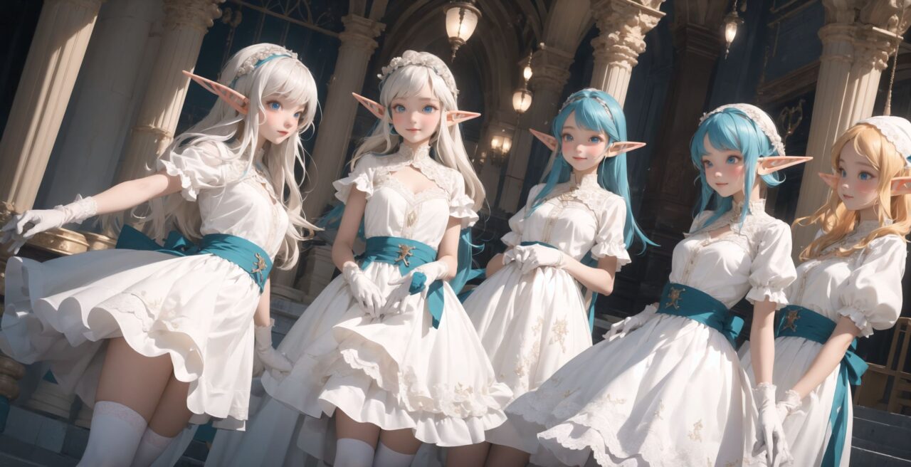 ((four elf girls,:1.4), Adorable and charming and lolita), 
innocent and yocuthful expression, gentle smile with soft blushing cheeks, shy yet endearing demeanor,

cute and embarrassed idol smile,

deep dark blue-green eyes sparkling with purity,
silvery hair, stylishly cut short, delicately flowing strands,

facing the camera, making eye contact, exuding childlike wonder,

cute and natural posture, youthful and graceful,

flirtatious and innocent eyes, perfect blend of innocence and enchantment,
quintessential kawaii girl,
elegant Lolita fashion with black and white lace, intricate patterns, ribbons, and frills, over-the-knee socks, frilly headband, petticoat for extra volume, lace gloves, apron with frills, and frilled short boots, fresh and pure poses, radiating natural charm,

(low angle shot emphasizing her kawaii appeal and highlighting the delicate textures of her hair and clothes:1.2),
natural lighting casting soft shadows, enhancing the youthful contours of her face,

sharp focus,

high resolution, vivid and detailed,
professional quality, vibrant colors,

ultra-high resolution capturing every detail from the individual strands of her hair to the intricate lace and fabrics of her costume,
professional-grade clarity and contrast bringing vibrant colors to life,