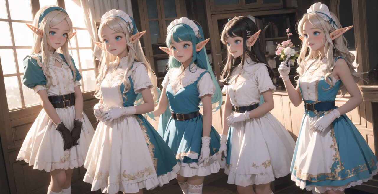 ((four elf girls,:1.4), Adorable and charming and lolita), 
innocent and yocuthful expression, gentle smile with soft blushing cheeks, shy yet endearing demeanor,

cute and embarrassed idol smile,

deep dark blue-green eyes sparkling with purity,
silvery hair, stylishly cut short, delicately flowing strands,

facing the camera, making eye contact, exuding childlike wonder,

cute and natural posture, youthful and graceful,

flirtatious and innocent eyes, perfect blend of innocence and enchantment,
quintessential kawaii girl,
elegant Lolita fashion with black and white lace, intricate patterns, ribbons, and frills, over-the-knee socks, frilly headband, petticoat for extra volume, lace gloves, apron with frills, and frilled short boots, fresh and pure poses, radiating natural charm,

(low angle shot emphasizing her kawaii appeal and highlighting the delicate textures of her hair and clothes:1.2),
natural lighting casting soft shadows, enhancing the youthful contours of her face,

sharp focus,

high resolution, vivid and detailed,
professional quality, vibrant colors,

ultra-high resolution capturing every detail from the individual strands of her hair to the intricate lace and fabrics of her costume,
professional-grade clarity and contrast bringing vibrant colors to life,