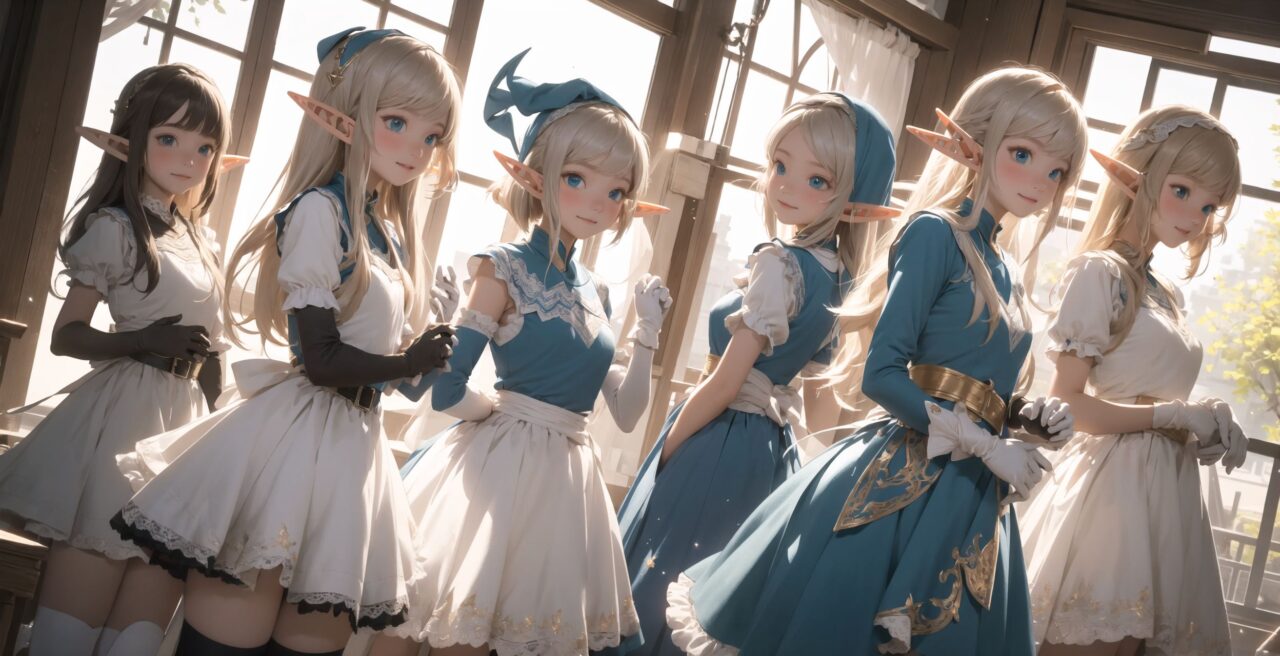 ((four elf girls,:1.4), Adorable and charming and lolita), 
innocent and yocuthful expression, gentle smile with soft blushing cheeks, shy yet endearing demeanor,

cute and embarrassed idol smile,

deep dark blue-green eyes sparkling with purity,
silvery hair, stylishly cut short, delicately flowing strands,

facing the camera, making eye contact, exuding childlike wonder,

cute and natural posture, youthful and graceful,

flirtatious and innocent eyes, perfect blend of innocence and enchantment,
quintessential kawaii girl,
elegant Lolita fashion with black and white lace, intricate patterns, ribbons, and frills, over-the-knee socks, frilly headband, petticoat for extra volume, lace gloves, apron with frills, and frilled short boots, fresh and pure poses, radiating natural charm,

(low angle shot emphasizing her kawaii appeal and highlighting the delicate textures of her hair and clothes:1.2),
natural lighting casting soft shadows, enhancing the youthful contours of her face,

sharp focus,

high resolution, vivid and detailed,
professional quality, vibrant colors,

ultra-high resolution capturing every detail from the individual strands of her hair to the intricate lace and fabrics of her costume,
professional-grade clarity and contrast bringing vibrant colors to life,