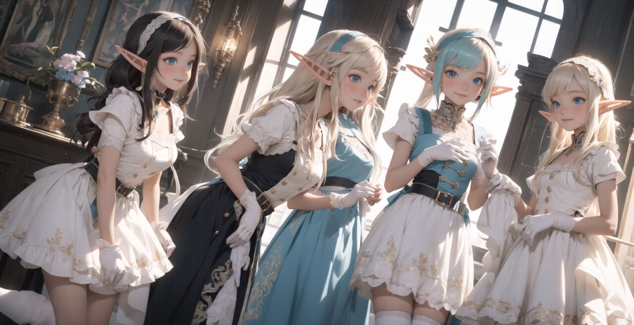 ((four elf girls,:1.4), Adorable and charming and lolita), 
innocent and yocuthful expression, gentle smile with soft blushing cheeks, shy yet endearing demeanor,

cute and embarrassed idol smile,

deep dark blue-green eyes sparkling with purity,
silvery hair, stylishly cut short, delicately flowing strands,

facing the camera, making eye contact, exuding childlike wonder,

cute and natural posture, youthful and graceful,

flirtatious and innocent eyes, perfect blend of innocence and enchantment,
quintessential kawaii girl,
elegant Lolita fashion with black and white lace, intricate patterns, ribbons, and frills, over-the-knee socks, frilly headband, petticoat for extra volume, lace gloves, apron with frills, and frilled short boots, fresh and pure poses, radiating natural charm,

(low angle shot emphasizing her kawaii appeal and highlighting the delicate textures of her hair and clothes:1.2),
natural lighting casting soft shadows, enhancing the youthful contours of her face,

sharp focus,

high resolution, vivid and detailed,
professional quality, vibrant colors,

ultra-high resolution capturing every detail from the individual strands of her hair to the intricate lace and fabrics of her costume,
professional-grade clarity and contrast bringing vibrant colors to life,