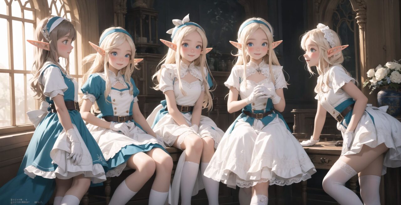 ((four elf girls,:1.4), Adorable and charming and lolita), 
innocent and yocuthful expression, gentle smile with soft blushing cheeks, shy yet endearing demeanor,

cute and embarrassed idol smile,

deep dark blue-green eyes sparkling with purity,
silvery hair, stylishly cut short, delicately flowing strands,

facing the camera, making eye contact, exuding childlike wonder,

cute and natural posture, youthful and graceful,

flirtatious and innocent eyes, perfect blend of innocence and enchantment,
quintessential kawaii girl,
elegant Lolita fashion with black and white lace, intricate patterns, ribbons, and frills, over-the-knee socks, frilly headband, petticoat for extra volume, lace gloves, apron with frills, and frilled short boots, fresh and pure poses, radiating natural charm,

(low angle shot emphasizing her kawaii appeal and highlighting the delicate textures of her hair and clothes:1.2),
natural lighting casting soft shadows, enhancing the youthful contours of her face,

sharp focus,

high resolution, vivid and detailed,
professional quality, vibrant colors,

ultra-high resolution capturing every detail from the individual strands of her hair to the intricate lace and fabrics of her costume,
professional-grade clarity and contrast bringing vibrant colors to life,