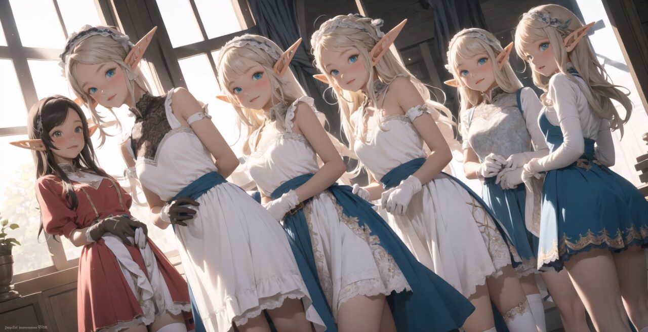 ((four elf girls,:1.4), Adorable and charming and lolita), 
innocent and yocuthful expression, gentle smile with soft blushing cheeks, shy yet endearing demeanor,

cute and embarrassed idol smile,

deep dark blue-green eyes sparkling with purity,
silvery hair, stylishly cut short, delicately flowing strands,

facing the camera, making eye contact, exuding childlike wonder,

cute and natural posture, youthful and graceful,

flirtatious and innocent eyes, perfect blend of innocence and enchantment,
quintessential kawaii girl,
elegant Lolita fashion with black and white lace, intricate patterns, ribbons, and frills, over-the-knee socks, frilly headband, petticoat for extra volume, lace gloves, apron with frills, and frilled short boots, fresh and pure poses, radiating natural charm,

(low angle shot emphasizing her kawaii appeal and highlighting the delicate textures of her hair and clothes:1.2),
natural lighting casting soft shadows, enhancing the youthful contours of her face,

sharp focus,

high resolution, vivid and detailed,
professional quality, vibrant colors,

ultra-high resolution capturing every detail from the individual strands of her hair to the intricate lace and fabrics of her costume,
professional-grade clarity and contrast bringing vibrant colors to life,