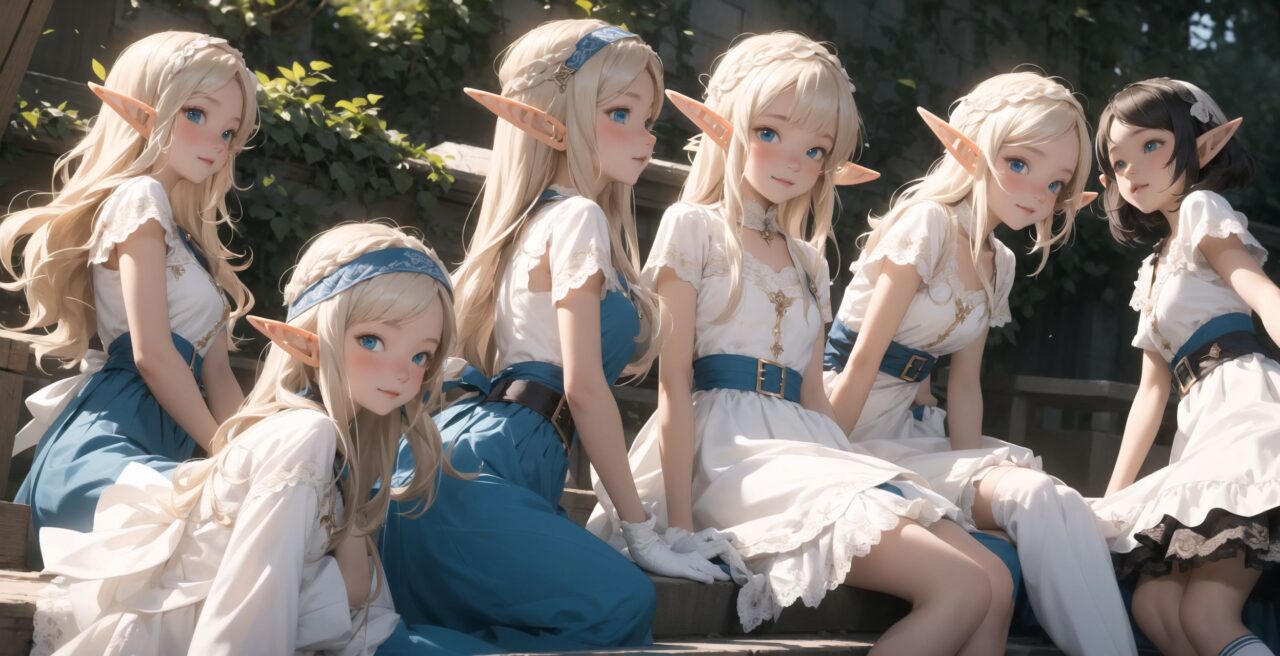 ((four elf girls,:1.4), Adorable and charming and lolita), 
innocent and yocuthful expression, gentle smile with soft blushing cheeks, shy yet endearing demeanor,

cute and embarrassed idol smile,

deep dark blue-green eyes sparkling with purity,
silvery hair, stylishly cut short, delicately flowing strands,

facing the camera, making eye contact, exuding childlike wonder,

cute and natural posture, youthful and graceful,

flirtatious and innocent eyes, perfect blend of innocence and enchantment,
quintessential kawaii girl,
elegant Lolita fashion with black and white lace, intricate patterns, ribbons, and frills, over-the-knee socks, frilly headband, petticoat for extra volume, lace gloves, apron with frills, and frilled short boots, fresh and pure poses, radiating natural charm,

(low angle shot emphasizing her kawaii appeal and highlighting the delicate textures of her hair and clothes:1.2),
natural lighting casting soft shadows, enhancing the youthful contours of her face,

sharp focus,

high resolution, vivid and detailed,
professional quality, vibrant colors,

ultra-high resolution capturing every detail from the individual strands of her hair to the intricate lace and fabrics of her costume,
professional-grade clarity and contrast bringing vibrant colors to life,