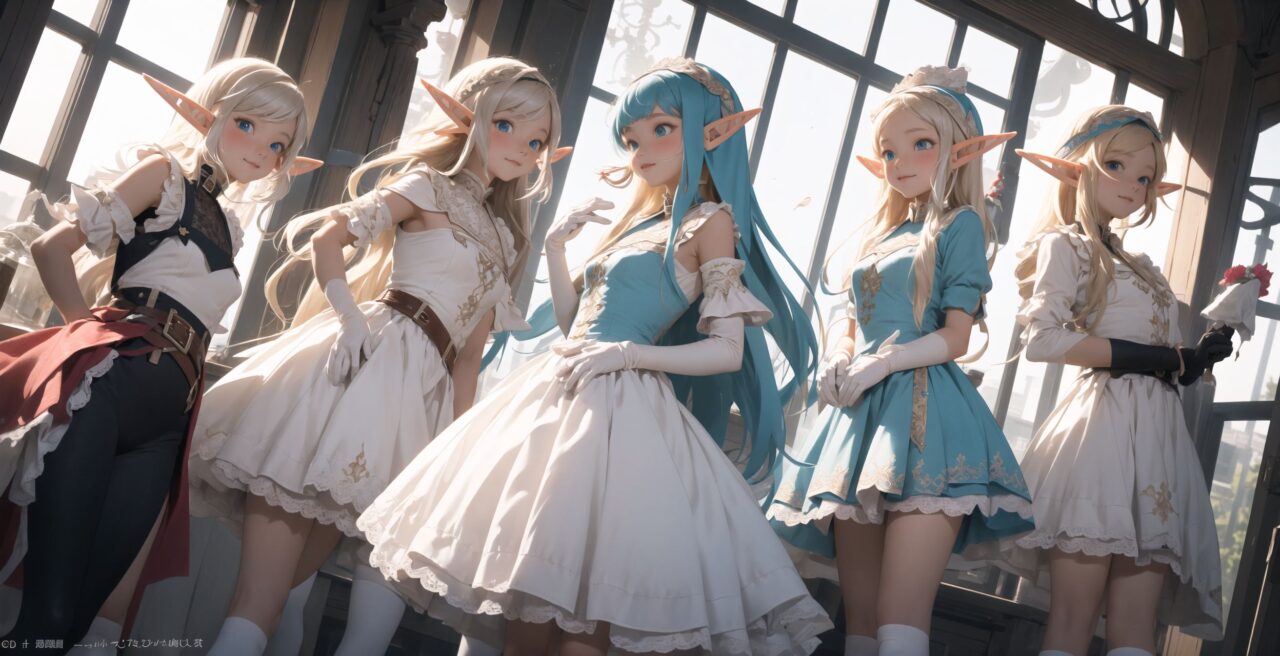 ((four elf girls,:1.4), Adorable and charming and lolita), 
innocent and yocuthful expression, gentle smile with soft blushing cheeks, shy yet endearing demeanor,

cute and embarrassed idol smile,

deep dark blue-green eyes sparkling with purity,
silvery hair, stylishly cut short, delicately flowing strands,

facing the camera, making eye contact, exuding childlike wonder,

cute and natural posture, youthful and graceful,

flirtatious and innocent eyes, perfect blend of innocence and enchantment,
quintessential kawaii girl,
elegant Lolita fashion with black and white lace, intricate patterns, ribbons, and frills, over-the-knee socks, frilly headband, petticoat for extra volume, lace gloves, apron with frills, and frilled short boots, fresh and pure poses, radiating natural charm,

(low angle shot emphasizing her kawaii appeal and highlighting the delicate textures of her hair and clothes:1.2),
natural lighting casting soft shadows, enhancing the youthful contours of her face,

sharp focus,

high resolution, vivid and detailed,
professional quality, vibrant colors,

ultra-high resolution capturing every detail from the individual strands of her hair to the intricate lace and fabrics of her costume,
professional-grade clarity and contrast bringing vibrant colors to life,