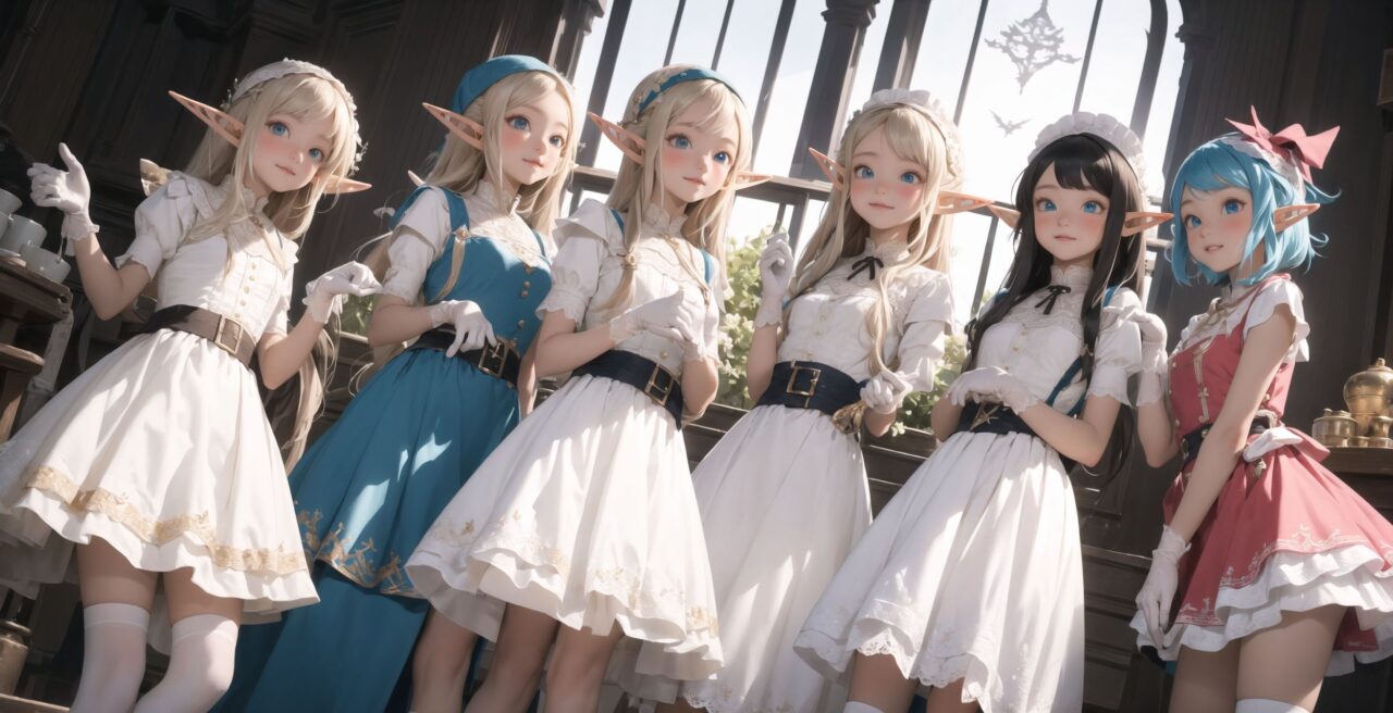 ((four elf girls,:1.4), Adorable and charming and lolita), 
innocent and yocuthful expression, gentle smile with soft blushing cheeks, shy yet endearing demeanor,

cute and embarrassed idol smile,

deep dark blue-green eyes sparkling with purity,
silvery hair, stylishly cut short, delicately flowing strands,

facing the camera, making eye contact, exuding childlike wonder,

cute and natural posture, youthful and graceful,

flirtatious and innocent eyes, perfect blend of innocence and enchantment,
quintessential kawaii girl,
elegant Lolita fashion with black and white lace, intricate patterns, ribbons, and frills, over-the-knee socks, frilly headband, petticoat for extra volume, lace gloves, apron with frills, and frilled short boots, fresh and pure poses, radiating natural charm,

(low angle shot emphasizing her kawaii appeal and highlighting the delicate textures of her hair and clothes:1.2),
natural lighting casting soft shadows, enhancing the youthful contours of her face,

sharp focus,

high resolution, vivid and detailed,
professional quality, vibrant colors,

ultra-high resolution capturing every detail from the individual strands of her hair to the intricate lace and fabrics of her costume,
professional-grade clarity and contrast bringing vibrant colors to life,