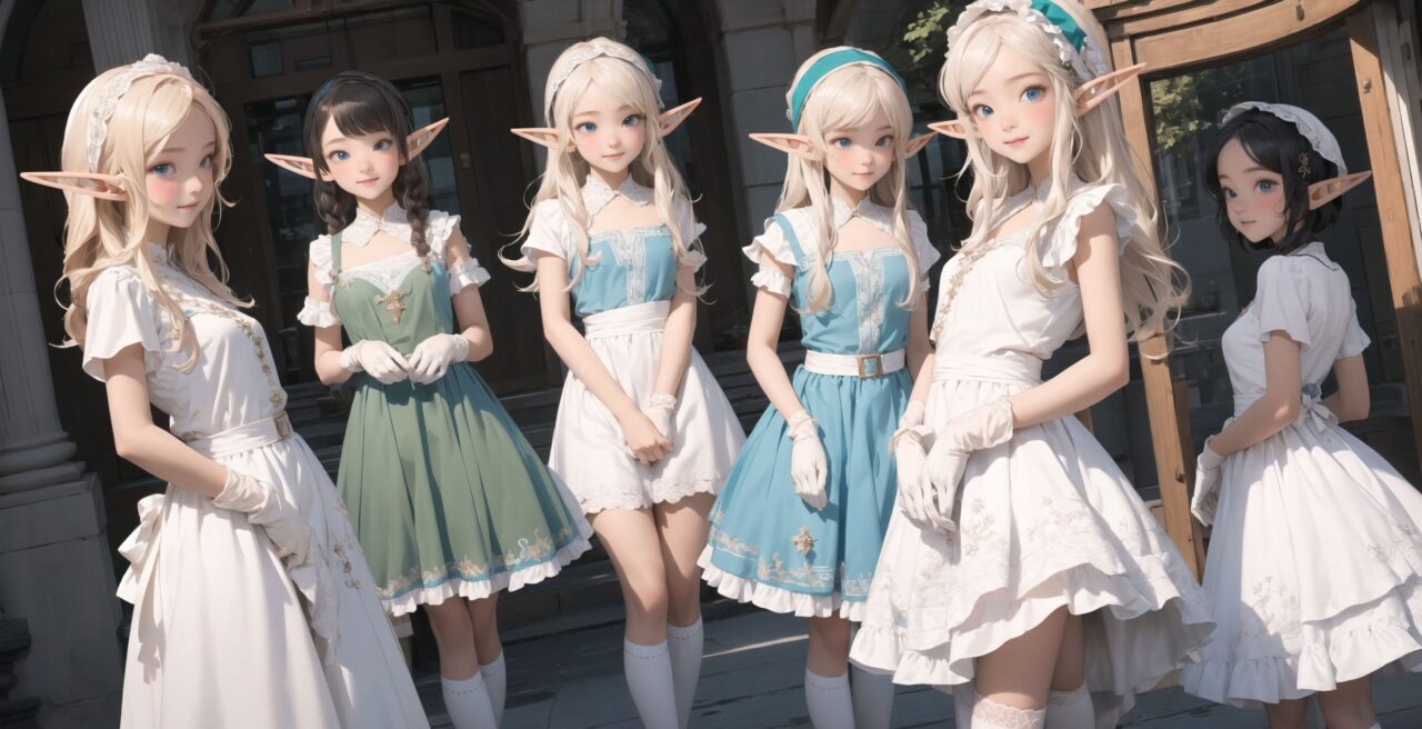 ((four elf girls,:1.4), Adorable and charming and lolita), 
innocent and yocuthful expression, gentle smile with soft blushing cheeks, shy yet endearing demeanor,

cute and embarrassed idol smile,

deep dark blue-green eyes sparkling with purity,
silvery hair, stylishly cut short, delicately flowing strands,

facing the camera, making eye contact, exuding childlike wonder,

cute and natural posture, youthful and graceful,

flirtatious and innocent eyes, perfect blend of innocence and enchantment,
quintessential kawaii girl,
elegant Lolita fashion with black and white lace, intricate patterns, ribbons, and frills, over-the-knee socks, frilly headband, petticoat for extra volume, lace gloves, apron with frills, and frilled short boots, fresh and pure poses, radiating natural charm,

(low angle shot emphasizing her kawaii appeal and highlighting the delicate textures of her hair and clothes:1.2),
natural lighting casting soft shadows, enhancing the youthful contours of her face,

sharp focus,

high resolution, vivid and detailed,
professional quality, vibrant colors,

ultra-high resolution capturing every detail from the individual strands of her hair to the intricate lace and fabrics of her costume,
professional-grade clarity and contrast bringing vibrant colors to life,