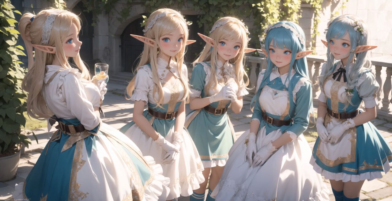 ((four elf girls,:1.4), Adorable and charming and lolita), 
innocent and yocuthful expression, gentle smile with soft blushing cheeks, shy yet endearing demeanor,

cute and embarrassed idol smile,

deep dark blue-green eyes sparkling with purity,
silvery hair, stylishly cut short, delicately flowing strands,

facing the camera, making eye contact, exuding childlike wonder,

cute and natural posture, youthful and graceful,

flirtatious and innocent eyes, perfect blend of innocence and enchantment,
quintessential kawaii girl,
elegant Lolita fashion with black and white lace, intricate patterns, ribbons, and frills, over-the-knee socks, frilly headband, petticoat for extra volume, lace gloves, apron with frills, and frilled short boots, fresh and pure poses, radiating natural charm,

(low angle shot emphasizing her kawaii appeal and highlighting the delicate textures of her hair and clothes:1.2),
natural lighting casting soft shadows, enhancing the youthful contours of her face,

sharp focus,

high resolution, vivid and detailed,
professional quality, vibrant colors,

ultra-high resolution capturing every detail from the individual strands of her hair to the intricate lace and fabrics of her costume,
professional-grade clarity and contrast bringing vibrant colors to life,