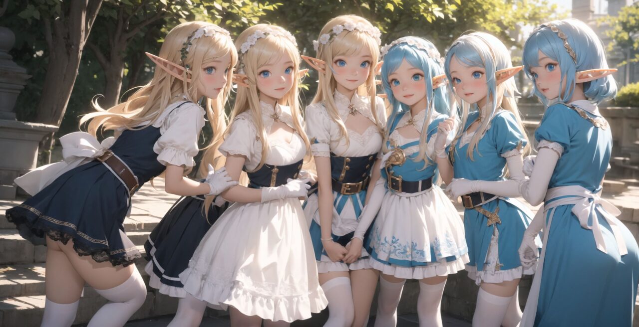 ((four elf girls,:1.4), Adorable and charming and lolita), 
innocent and yocuthful expression, gentle smile with soft blushing cheeks, shy yet endearing demeanor,

cute and embarrassed idol smile,

deep dark blue-green eyes sparkling with purity,
silvery hair, stylishly cut short, delicately flowing strands,

facing the camera, making eye contact, exuding childlike wonder,

cute and natural posture, youthful and graceful,

flirtatious and innocent eyes, perfect blend of innocence and enchantment,
quintessential kawaii girl,
elegant Lolita fashion with black and white lace, intricate patterns, ribbons, and frills, over-the-knee socks, frilly headband, petticoat for extra volume, lace gloves, apron with frills, and frilled short boots, fresh and pure poses, radiating natural charm,

(low angle shot emphasizing her kawaii appeal and highlighting the delicate textures of her hair and clothes:1.2),
natural lighting casting soft shadows, enhancing the youthful contours of her face,

sharp focus,

high resolution, vivid and detailed,
professional quality, vibrant colors,

ultra-high resolution capturing every detail from the individual strands of her hair to the intricate lace and fabrics of her costume,
professional-grade clarity and contrast bringing vibrant colors to life,