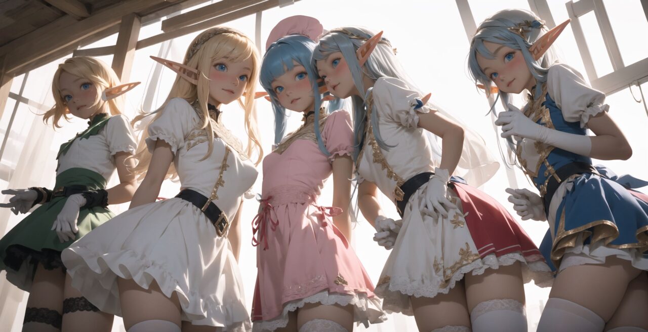 ((four elf girls,:1.4), Adorable and charming and lolita), 
innocent and yocuthful expression, gentle smile with soft blushing cheeks, shy yet endearing demeanor,

cute and embarrassed idol smile,

deep dark blue-green eyes sparkling with purity,
silvery hair, stylishly cut short, delicately flowing strands,

facing the camera, making eye contact, exuding childlike wonder,

cute and natural posture, youthful and graceful,

flirtatious and innocent eyes, perfect blend of innocence and enchantment,
quintessential kawaii girl,
elegant Lolita fashion with black and white lace, intricate patterns, ribbons, and frills, over-the-knee socks, frilly headband, petticoat for extra volume, lace gloves, apron with frills, and frilled short boots, fresh and pure poses, radiating natural charm,

(low angle shot emphasizing her kawaii appeal and highlighting the delicate textures of her hair and clothes:1.2),
natural lighting casting soft shadows, enhancing the youthful contours of her face,

sharp focus,

high resolution, vivid and detailed,
professional quality, vibrant colors,

ultra-high resolution capturing every detail from the individual strands of her hair to the intricate lace and fabrics of her costume,
professional-grade clarity and contrast bringing vibrant colors to life,