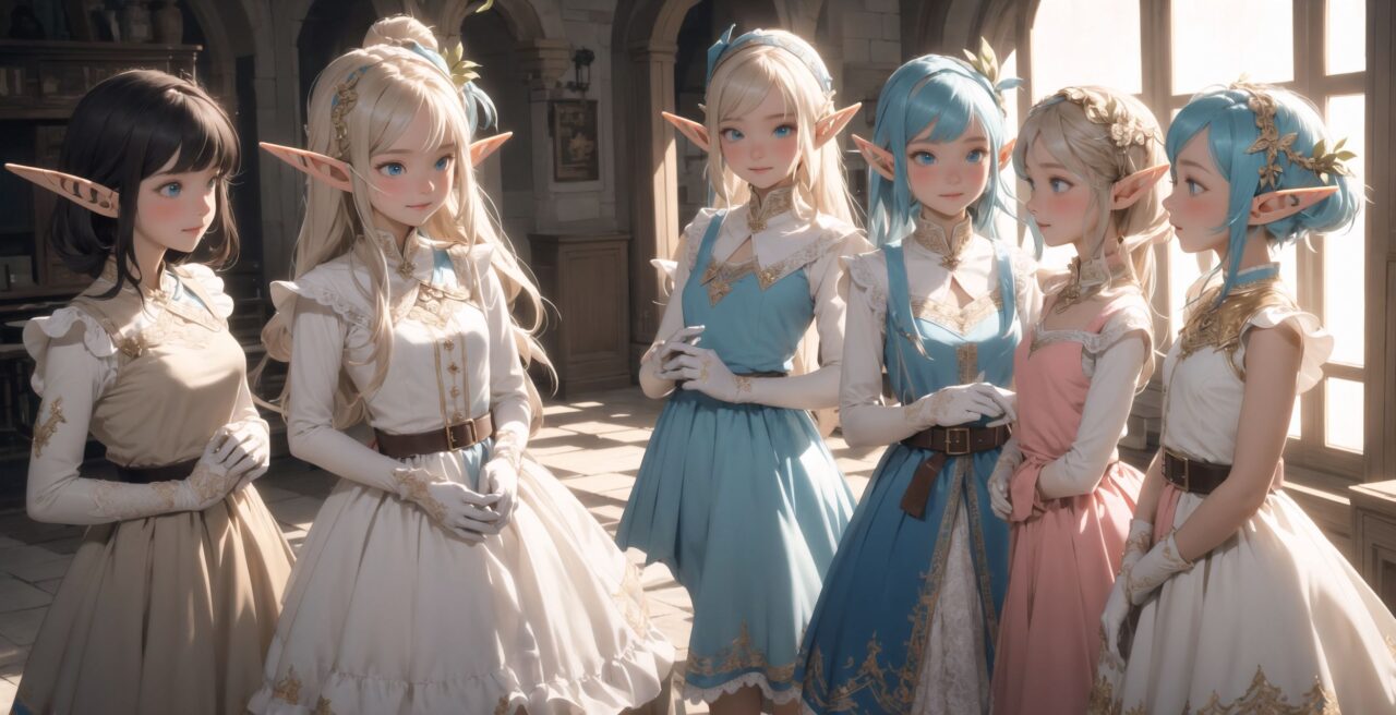 ((four elf girls,:1.4), Adorable and charming and lolita), 
innocent and yocuthful expression, gentle smile with soft blushing cheeks, shy yet endearing demeanor,

cute and embarrassed idol smile,

deep dark blue-green eyes sparkling with purity,
silvery hair, stylishly cut short, delicately flowing strands,

facing the camera, making eye contact, exuding childlike wonder,

cute and natural posture, youthful and graceful,

flirtatious and innocent eyes, perfect blend of innocence and enchantment,
quintessential kawaii girl,
elegant Lolita fashion with black and white lace, intricate patterns, ribbons, and frills, over-the-knee socks, frilly headband, petticoat for extra volume, lace gloves, apron with frills, and frilled short boots, fresh and pure poses, radiating natural charm,

(low angle shot emphasizing her kawaii appeal and highlighting the delicate textures of her hair and clothes:1.2),
natural lighting casting soft shadows, enhancing the youthful contours of her face,

sharp focus,

high resolution, vivid and detailed,
professional quality, vibrant colors,

ultra-high resolution capturing every detail from the individual strands of her hair to the intricate lace and fabrics of her costume,
professional-grade clarity and contrast bringing vibrant colors to life,