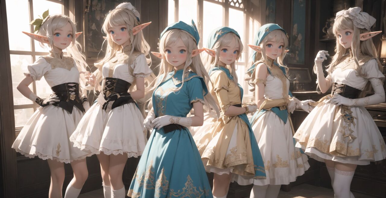 ((four elf girls,:1.4), Adorable and charming and lolita), 
innocent and yocuthful expression, gentle smile with soft blushing cheeks, shy yet endearing demeanor,

cute and embarrassed idol smile,

deep dark blue-green eyes sparkling with purity,
silvery hair, stylishly cut short, delicately flowing strands,

facing the camera, making eye contact, exuding childlike wonder,

cute and natural posture, youthful and graceful,

flirtatious and innocent eyes, perfect blend of innocence and enchantment,
quintessential kawaii girl,
elegant Lolita fashion with black and white lace, intricate patterns, ribbons, and frills, over-the-knee socks, frilly headband, petticoat for extra volume, lace gloves, apron with frills, and frilled short boots, fresh and pure poses, radiating natural charm,

(low angle shot emphasizing her kawaii appeal and highlighting the delicate textures of her hair and clothes:1.2),
natural lighting casting soft shadows, enhancing the youthful contours of her face,

sharp focus,

high resolution, vivid and detailed,
professional quality, vibrant colors,

ultra-high resolution capturing every detail from the individual strands of her hair to the intricate lace and fabrics of her costume,
professional-grade clarity and contrast bringing vibrant colors to life,