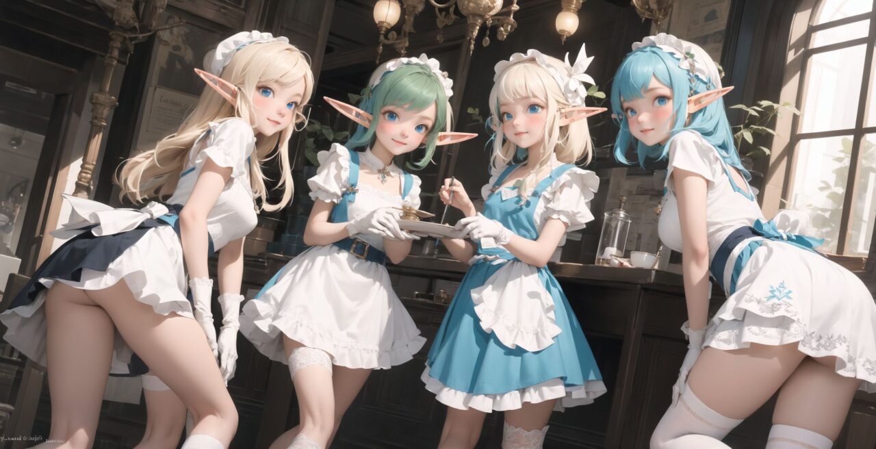 ((four elf girls,:1.4), Adorable and charming and lolita), 
innocent and yocuthful expression, gentle smile with soft blushing cheeks, shy yet endearing demeanor,

cute and embarrassed idol smile,

deep dark blue-green eyes sparkling with purity,
silvery hair, stylishly cut short, delicately flowing strands,

facing the camera, making eye contact, exuding childlike wonder,

cute and natural posture, youthful and graceful,

flirtatious and innocent eyes, perfect blend of innocence and enchantment,
quintessential kawaii girl,
elegant Lolita fashion with black and white lace, intricate patterns, ribbons, and frills, over-the-knee socks, frilly headband, petticoat for extra volume, lace gloves, apron with frills, and frilled short boots, fresh and pure poses, radiating natural charm,

(low angle shot emphasizing her kawaii appeal and highlighting the delicate textures of her hair and clothes:1.2),
natural lighting casting soft shadows, enhancing the youthful contours of her face,

sharp focus,

high resolution, vivid and detailed,
professional quality, vibrant colors,

ultra-high resolution capturing every detail from the individual strands of her hair to the intricate lace and fabrics of her costume,
professional-grade clarity and contrast bringing vibrant colors to life,