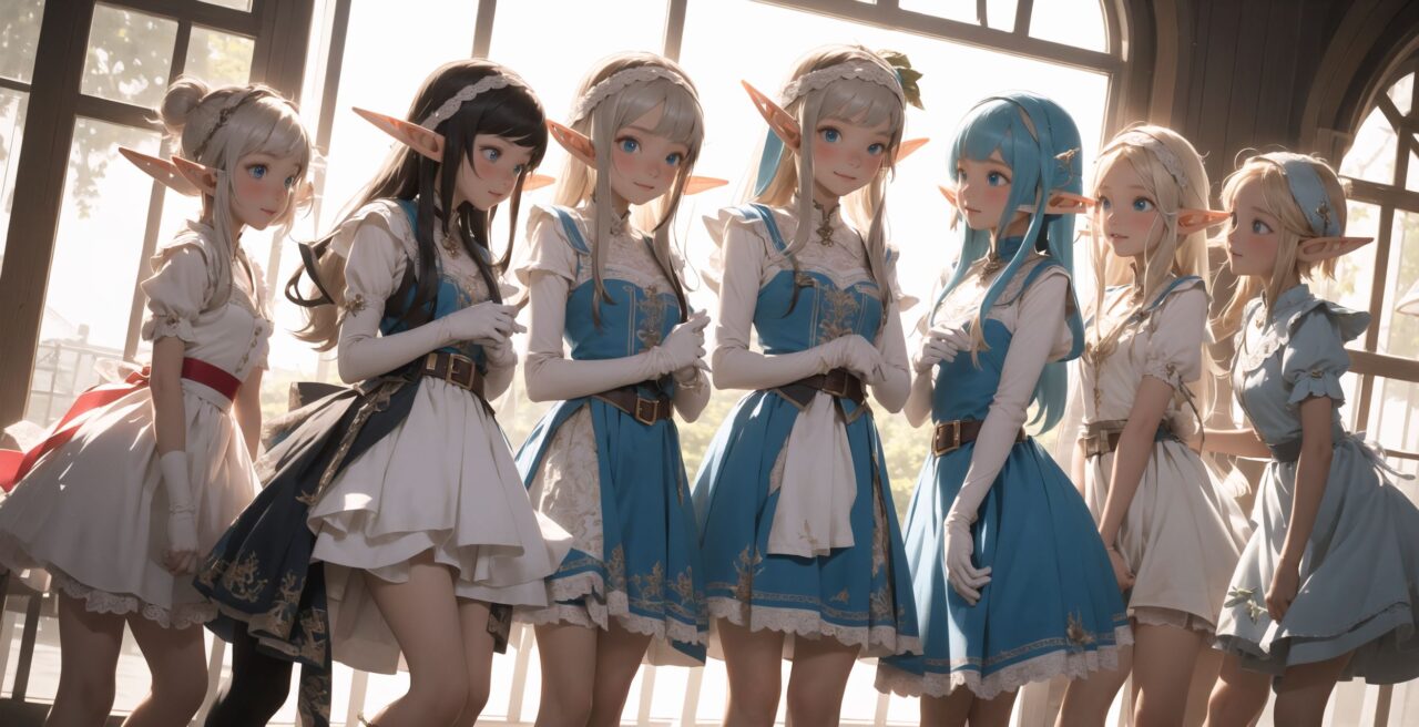 ((four elf girls,:1.4), Adorable and charming and lolita), 
innocent and yocuthful expression, gentle smile with soft blushing cheeks, shy yet endearing demeanor,

cute and embarrassed idol smile,

deep dark blue-green eyes sparkling with purity,
silvery hair, stylishly cut short, delicately flowing strands,

facing the camera, making eye contact, exuding childlike wonder,

cute and natural posture, youthful and graceful,

flirtatious and innocent eyes, perfect blend of innocence and enchantment,
quintessential kawaii girl,
elegant Lolita fashion with black and white lace, intricate patterns, ribbons, and frills, over-the-knee socks, frilly headband, petticoat for extra volume, lace gloves, apron with frills, and frilled short boots, fresh and pure poses, radiating natural charm,

(low angle shot emphasizing her kawaii appeal and highlighting the delicate textures of her hair and clothes:1.2),
natural lighting casting soft shadows, enhancing the youthful contours of her face,

sharp focus,

high resolution, vivid and detailed,
professional quality, vibrant colors,

ultra-high resolution capturing every detail from the individual strands of her hair to the intricate lace and fabrics of her costume,
professional-grade clarity and contrast bringing vibrant colors to life,