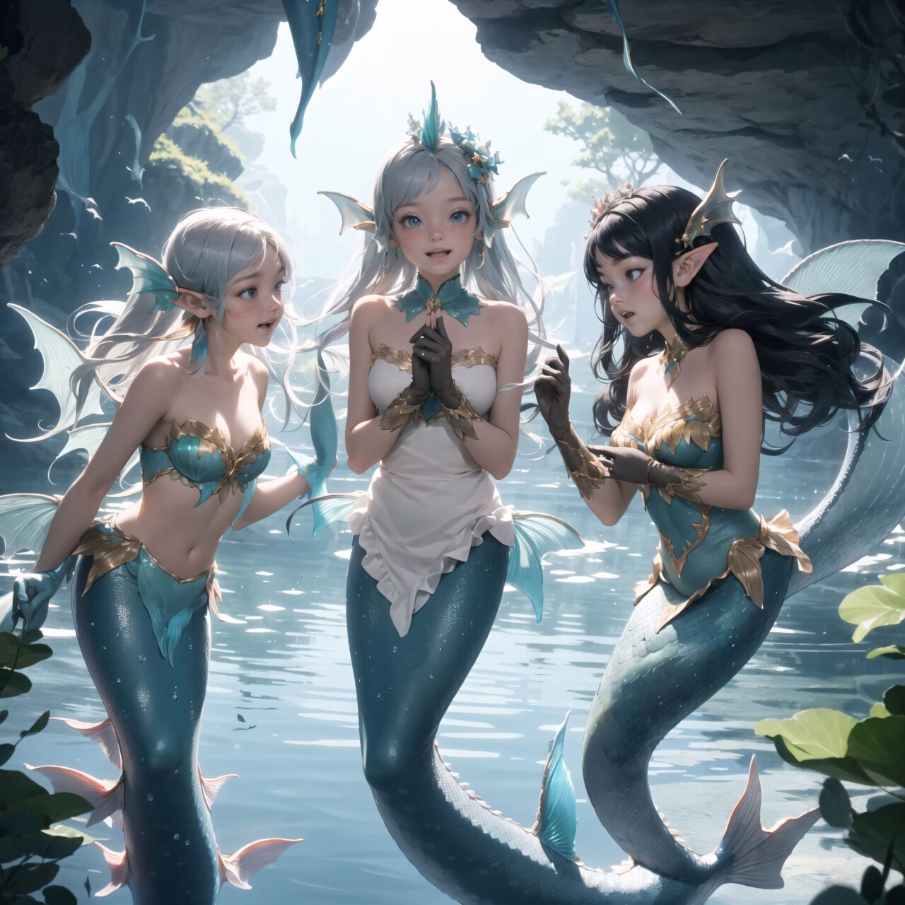 On International Fairy Day, a grand event will be held in the magical world of fairies. The fairy world takes place in a dimly lit cave lit by mysterious lights. The clear air adds to the magical atmosphere.

((Mermaids) are located in the shining lake in the center:1.4), ((Mermaids) are known for their enchanting singing voices), 
They sing beautifully and enchant visitors by the magical waterside.

Four innocent 18-year-old elf girls are watching them. They have short-cut, bluish-gray hair, flowing locks, and deep blue-green eyes that exude purity. They are dressed in elegant Lolita fashion: black and white lace, intricate patterns, ribbons, ruffles, over-the-knee socks, ruffled hair bands, voluminous petticoats, lace gloves, ruffled aprons, and ruffled short boots.

Ribbons, ruffles, over-the-knee socks, ruffled hair bands, petticoats for volume, lace gloves, ruffled aprons, and ruffled short boots. The girls have innocent, youthful expressions on their faces, with gentle smiles and shy, innocent giggles.


Around them, fairies and mystical creatures of various species gather, creating a lively and colorful scene.


The entire event is filled with laughter, music, and fantastic lights. The fairies celebrate their unity, share stories, and enjoy the enchanted evening. Natural light casts soft shadows, highlighting the delicate details of the fairies' elegant costumes and the subtle textures of their hair and clothing.