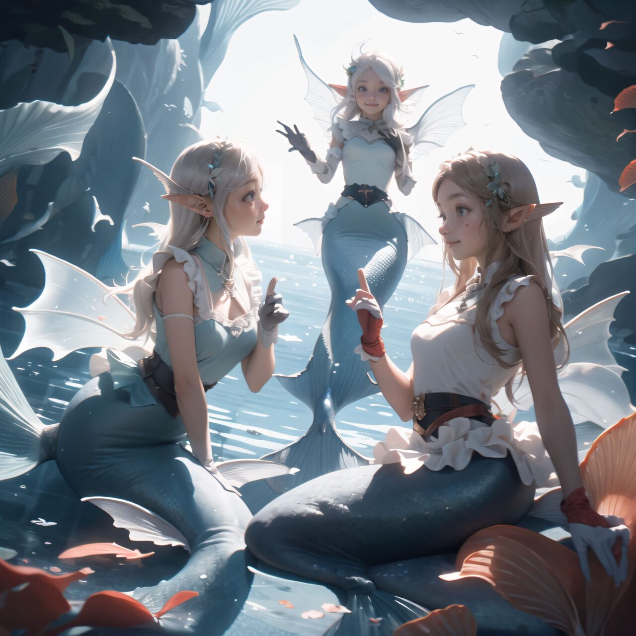 The world of the fairies unfolds in a dimly lit cave lit by a mysterious light. The clear air enhances the magical atmosphere even more.

((The elf girls and mermaids) are located on the central shining lake:1.4), 
BLAKE
four innocent 14-year-old elf girls,
BLAKE
four innocent 14-year-old mermaid girls,
BLAKE
they have short hair, bluish-gray hair, long silky hair, and deep blue-green eyes that exude purity. 
They are dressed in elegant Lolita fashion, with black and white lace, intricate patterns, ribbons, frills, knee-length socks, frilly hair bands, voluminous petticoats, lace gloves, frilly aprons and frilly short boots.

Ribbons, frills, over-the-knee socks, frilly hair bands, voluminous petticoats, lace gloves, frilly aprons, frilly short boots. The girls' expressions are innocent and youthful, and their gentle smiles and bashful laughter are very impressive.

The mermaids are known for their enchanting singing voices,
and they captivate visitors with their beautiful singing voices and magical waterside performances.

The elf girls are surrounded by various types of fairies and mysterious creatures, creating a lively and colorful scene.


The whole event is filled with laughter, music and magical light. The fairies are celebrating unity, enjoying conversation and having a magical evening. The soft light of the natural light casts a soft shadow, highlighting the delicate details of the fairies' elegant costumes and the subtle textures of their hair and clothing.