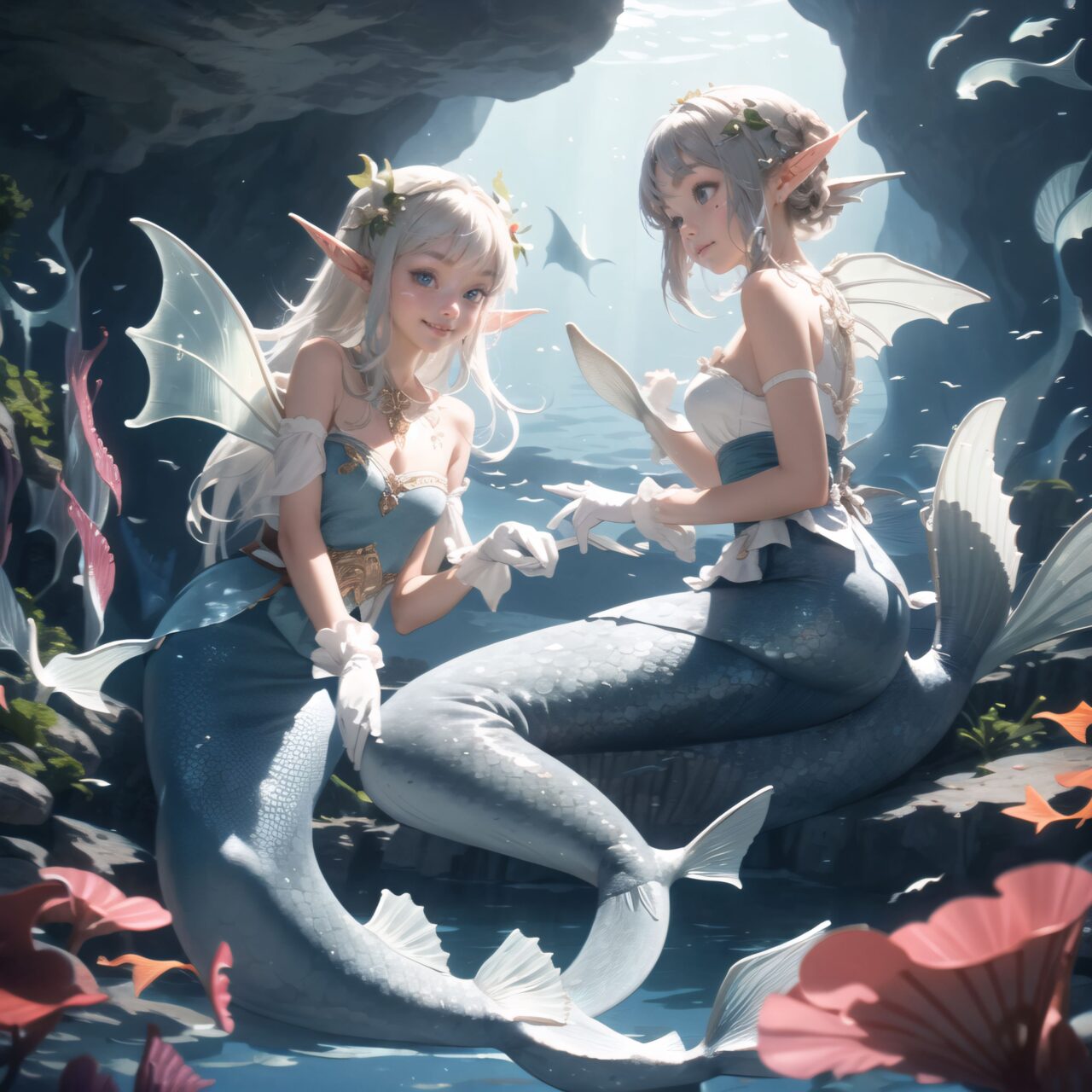 The world of the fairies unfolds in a dimly lit cave lit by a mysterious light. The clear air enhances the magical atmosphere even more.

((The elf girls and mermaids) are located on the central shining lake:1.4), 

four innocent 14-year-old elf girls,
four innocent 14-year-old mermaid girls,

they have short hair, bluish-gray hair, long silky hair, and deep blue-green eyes that exude purity. 
They are dressed in elegant Lolita fashion, with black and white lace, intricate patterns, ribbons, frills, knee-length socks, frilly hair bands, voluminous petticoats, lace gloves, frilly aprons and frilly short boots.

Ribbons, frills, over-the-knee socks, frilly hair bands, voluminous petticoats, lace gloves, frilly aprons, frilly short boots. The girls' expressions are innocent and youthful, and their gentle smiles and bashful laughter are very impressive.

The mermaids are known for their enchanting singing voices,
and they captivate visitors with their beautiful singing voices and magical waterside performances.

The elf girls are surrounded by various types of fairies and mysterious creatures, creating a lively and colorful scene.


The whole event is filled with laughter, music and magical light. The fairies are celebrating unity, enjoying conversation and having a magical evening. The soft light of the natural light casts a soft shadow, highlighting the delicate details of the fairies' elegant costumes and the subtle textures of their hair and clothing.