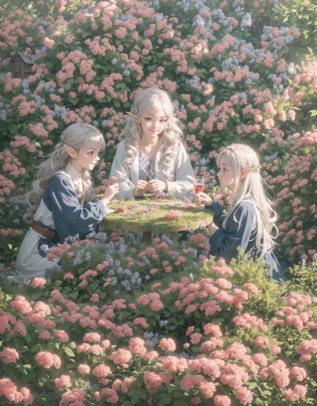 A dark but beautiful night background. The air is clear and mysterious, lit by the morning sun, enhancing the fantastic atmosphere.
A fantastic world,

Four grown-up elf girls, now 18 years old, are sitting around a rustic wooden table,
On the table is a small dollhouse of elaborate design.
The girls sip elegant elf wine and reminisce. One girl smiles as she points to the dollhouse and shares a happy memory. Another girl gently touches a small piece of furniture in the dollhouse.

Their bluish-gray hair is cut stylishly short, creating a delicate, unkempt look. The girls have innocent, youthful expressions on their faces, smiling gently, cheeks flushed and smiling like idols.


In this image, I used an f/1.2 lens and shallow depth of field to focus on their faces. This produces a high-resolution image and creates depth.
Natural light casts soft shadows, highlighting the mature, youthful beauty of the girls and the delicate details of their elegant outfits.