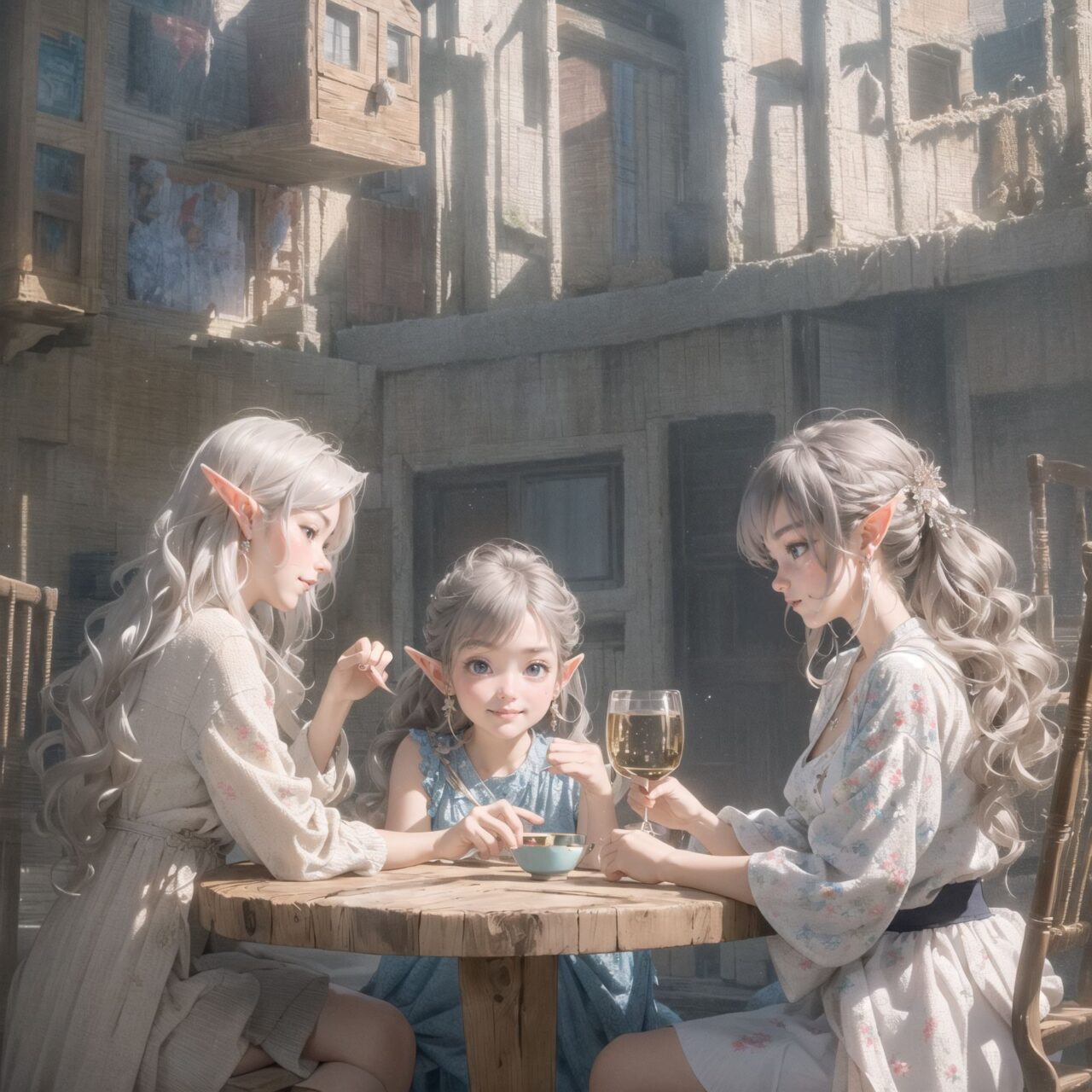 A dark but beautiful night background. The air is clear and mysterious, lit by the morning sun, enhancing the fantastic atmosphere.
A fantastic world,

Four grown-up elf girls, now 18 years old, are sitting around a rustic wooden table,
On the table is a small dollhouse of elaborate design.
The girls sip elegant elf wine and reminisce. One girl smiles as she points to the dollhouse and shares a happy memory. Another girl gently touches a small piece of furniture in the dollhouse.

Their bluish-gray hair is cut stylishly short, creating a delicate, unkempt look. The girls have innocent, youthful expressions on their faces, smiling gently, cheeks flushed and smiling like idols.


In this image, I used an f/1.2 lens and shallow depth of field to focus on their faces. This produces a high-resolution image and creates depth.
Natural light casts soft shadows, highlighting the mature, youthful beauty of the girls and the delicate details of their elegant outfits.