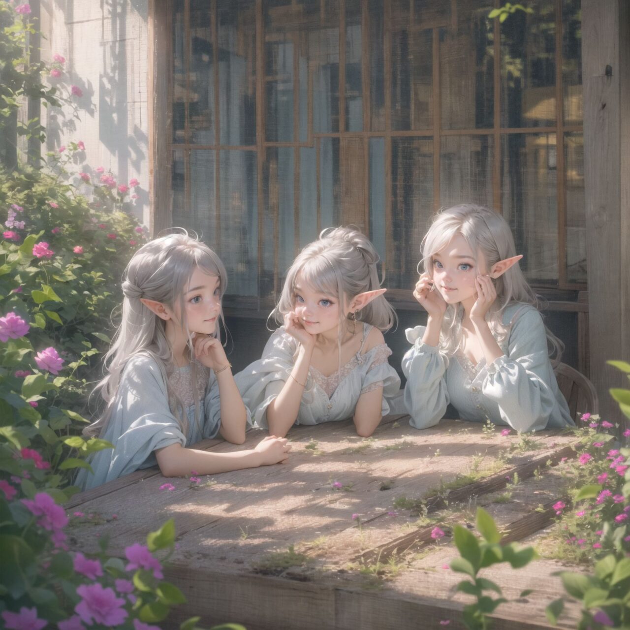 A dark but beautiful night background. The air is clear and mysterious, lit by the morning sun, enhancing the fantastic atmosphere.
A fantastic world,

Four grown-up elf girls, now 18 years old, are sitting around a rustic wooden table,
On the table is a small dollhouse of elaborate design.
The girls sip elegant elf wine and reminisce. One girl smiles as she points to the dollhouse and shares a happy memory. Another girl gently touches a small piece of furniture in the dollhouse.

Their bluish-gray hair is cut stylishly short, creating a delicate, unkempt look. The girls have innocent, youthful expressions on their faces, smiling gently, cheeks flushed and smiling like idols.


In this image, I used an f/1.2 lens and shallow depth of field to focus on their faces. This produces a high-resolution image and creates depth.
Natural light casts soft shadows, highlighting the mature, youthful beauty of the girls and the delicate details of their elegant outfits.