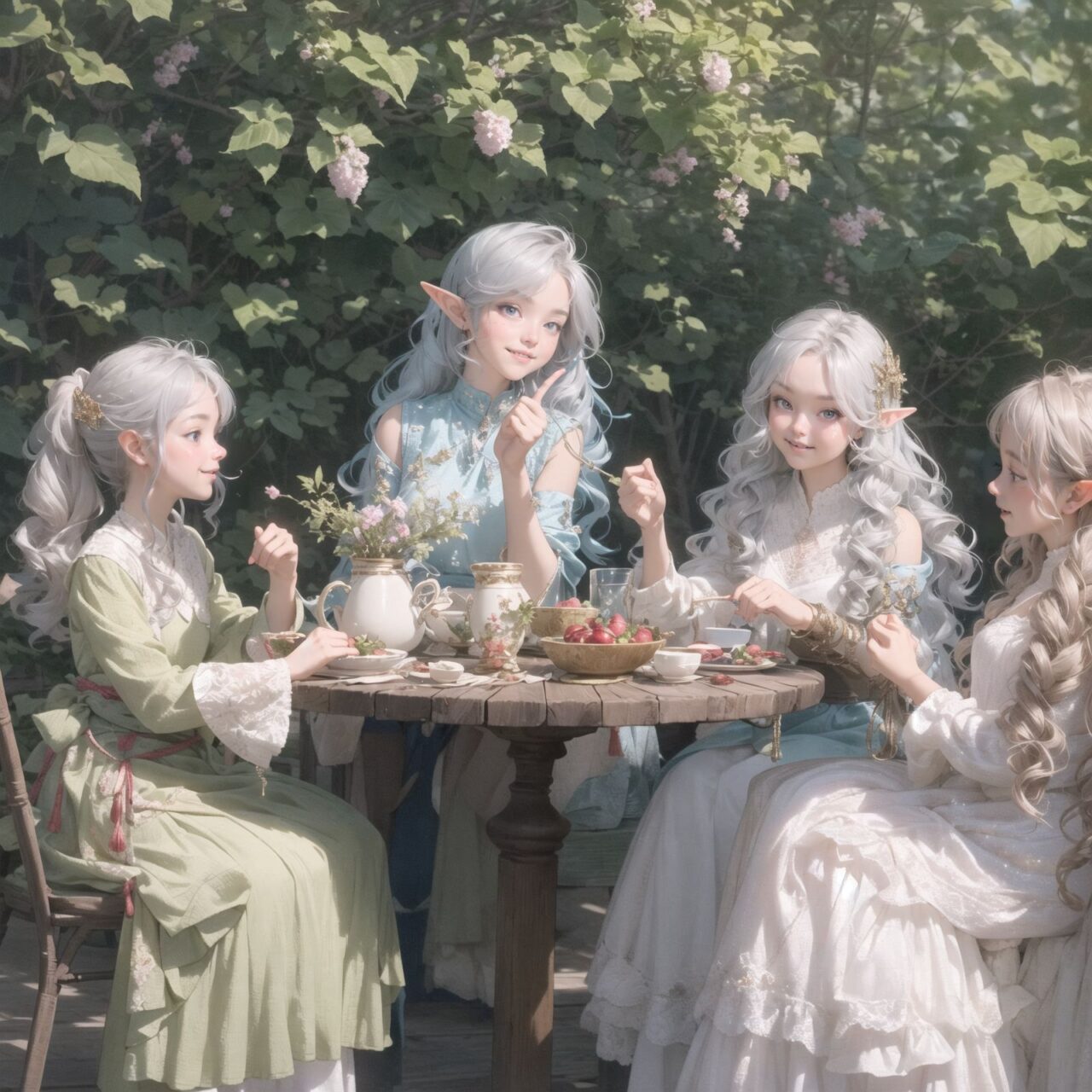 A dark but beautiful night background. The air is clear and mysterious, lit by the morning sun, enhancing the fantastic atmosphere.
A fantastic world,

Four grown-up elf girls, now 18 years old, are sitting around a rustic wooden table,
On the table is a small dollhouse of elaborate design.
The girls sip elegant elf wine and reminisce. One girl smiles as she points to the dollhouse and shares a happy memory. Another girl gently touches a small piece of furniture in the dollhouse.

Their bluish-gray hair is cut stylishly short, creating a delicate, unkempt look. The girls have innocent, youthful expressions on their faces, smiling gently, cheeks flushed and smiling like idols.


In this image, I used an f/1.2 lens and shallow depth of field to focus on their faces. This produces a high-resolution image and creates depth.
Natural light casts soft shadows, highlighting the mature, youthful beauty of the girls and the delicate details of their elegant outfits.