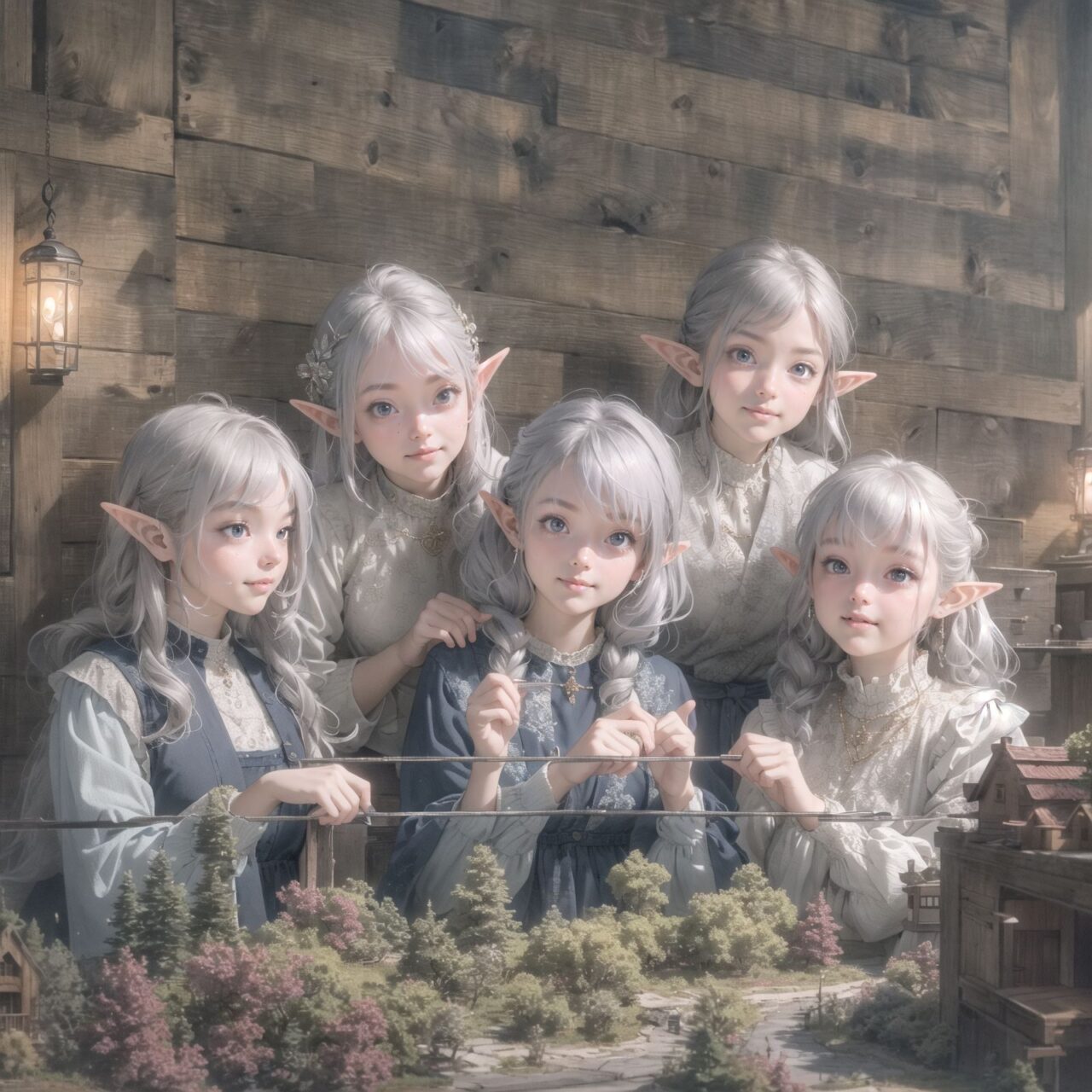 A dark but beautiful night background. The air is clear and mysterious, lit by the morning sun, enhancing the fantastic atmosphere.
A fantastic world,

Four grown-up elf girls, now 18 years old, are sitting around a rustic wooden table,
On the table is a small dollhouse of elaborate design.
The girls sip elegant elf wine and reminisce. One girl smiles as she points to the dollhouse and shares a happy memory. Another girl gently touches a small piece of furniture in the dollhouse.

Their bluish-gray hair is cut stylishly short, creating a delicate, unkempt look. The girls have innocent, youthful expressions on their faces, smiling gently, cheeks flushed and smiling like idols.


In this image, I used an f/1.2 lens and shallow depth of field to focus on their faces. This produces a high-resolution image and creates depth.
Natural light casts soft shadows, highlighting the mature, youthful beauty of the girls and the delicate details of their elegant outfits.