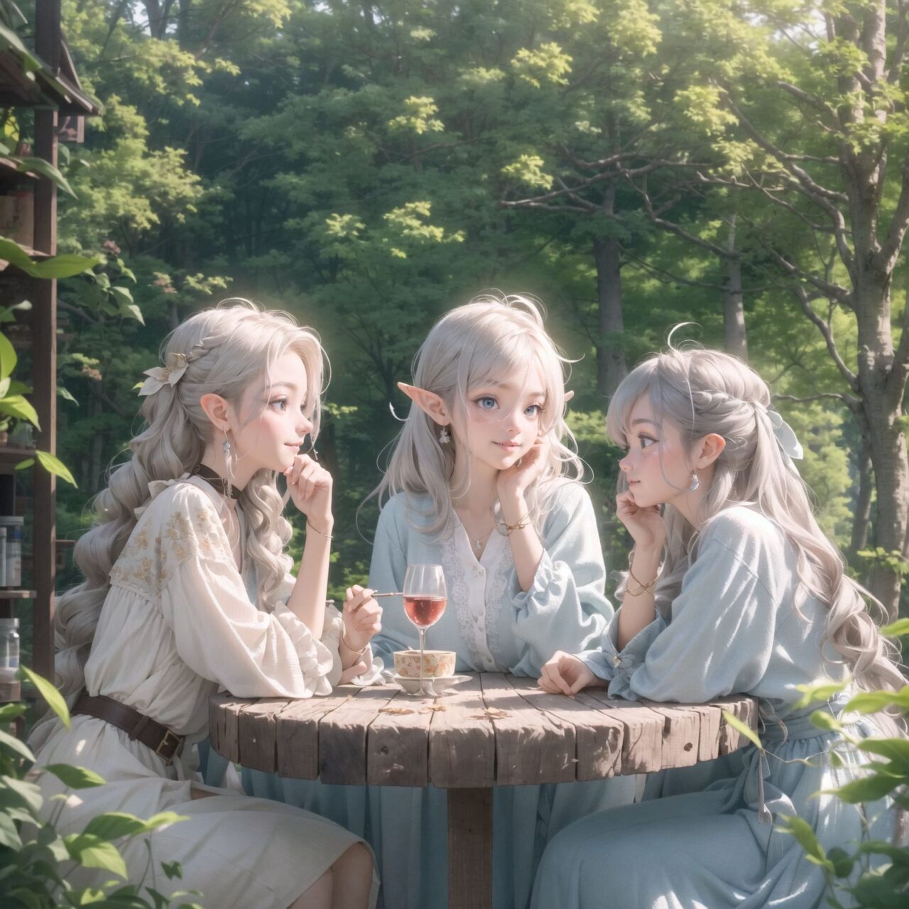 A dark but beautiful night background. The air is clear and mysterious, lit by the morning sun, enhancing the fantastic atmosphere.
A fantastic world,

Four grown-up elf girls, now 18 years old, are sitting around a rustic wooden table,
On the table is a small dollhouse of elaborate design.
The girls sip elegant elf wine and reminisce. One girl smiles as she points to the dollhouse and shares a happy memory. Another girl gently touches a small piece of furniture in the dollhouse.

Their bluish-gray hair is cut stylishly short, creating a delicate, unkempt look. The girls have innocent, youthful expressions on their faces, smiling gently, cheeks flushed and smiling like idols.


In this image, I used an f/1.2 lens and shallow depth of field to focus on their faces. This produces a high-resolution image and creates depth.
Natural light casts soft shadows, highlighting the mature, youthful beauty of the girls and the delicate details of their elegant outfits.