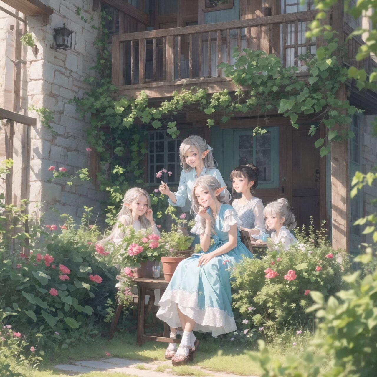 A dark but beautiful night background. The air is clear and mysterious, lit by the morning sun, enhancing the fantastic atmosphere.
A fantastic world,

Four grown-up elf girls, now 18 years old, are sitting around a rustic wooden table,
On the table is a small dollhouse of elaborate design.
The girls sip elegant elf wine and reminisce. One girl smiles as she points to the dollhouse and shares a happy memory. Another girl gently touches a small piece of furniture in the dollhouse.

Their bluish-gray hair is cut stylishly short, creating a delicate, unkempt look. The girls have innocent, youthful expressions on their faces, smiling gently, cheeks flushed and smiling like idols.


In this image, I used an f/1.2 lens and shallow depth of field to focus on their faces. This produces a high-resolution image and creates depth.
Natural light casts soft shadows, highlighting the mature, youthful beauty of the girls and the delicate details of their elegant outfits.