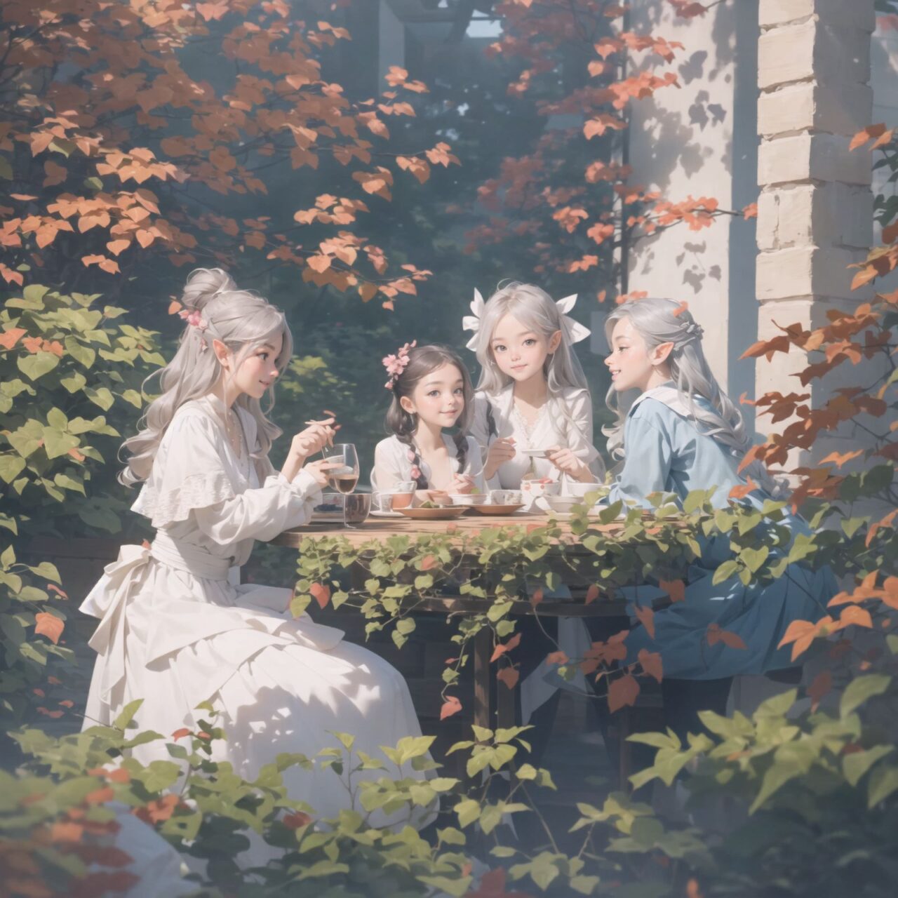 A dark but beautiful night background. The air is clear and mysterious, lit by the morning sun, enhancing the fantastic atmosphere.
A fantastic world,

Four grown-up elf girls, now 18 years old, are sitting around a rustic wooden table,
On the table is a small dollhouse of elaborate design.
The girls sip elegant elf wine and reminisce. One girl smiles as she points to the dollhouse and shares a happy memory. Another girl gently touches a small piece of furniture in the dollhouse.

Their bluish-gray hair is cut stylishly short, creating a delicate, unkempt look. The girls have innocent, youthful expressions on their faces, smiling gently, cheeks flushed and smiling like idols.


In this image, I used an f/1.2 lens and shallow depth of field to focus on their faces. This produces a high-resolution image and creates depth.
Natural light casts soft shadows, highlighting the mature, youthful beauty of the girls and the delicate details of their elegant outfits.