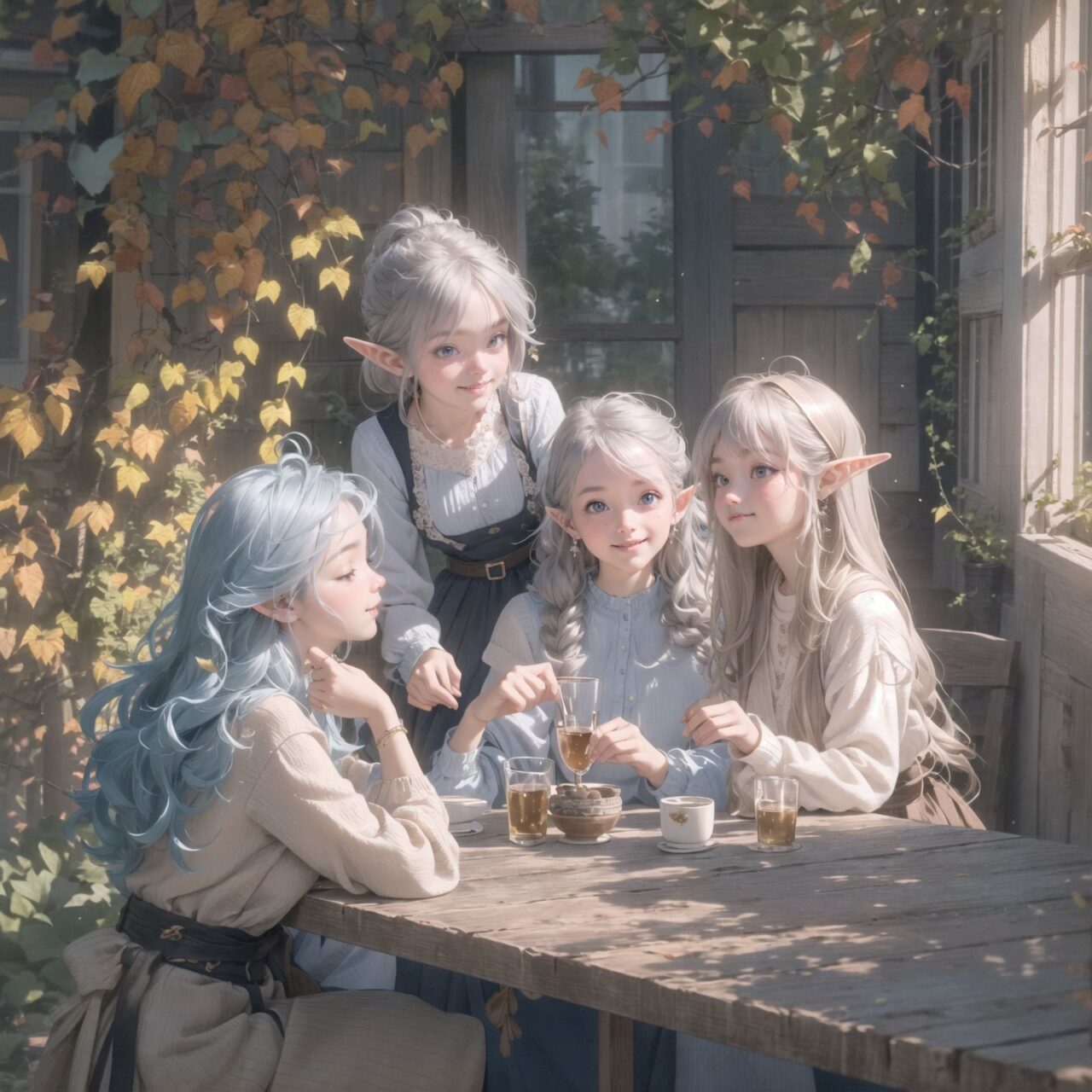 A dark but beautiful night background. The air is clear and mysterious, lit by the morning sun, enhancing the fantastic atmosphere.
A fantastic world,

Four grown-up elf girls, now 18 years old, are sitting around a rustic wooden table,
On the table is a small dollhouse of elaborate design.
The girls sip elegant elf wine and reminisce. One girl smiles as she points to the dollhouse and shares a happy memory. Another girl gently touches a small piece of furniture in the dollhouse.

Their bluish-gray hair is cut stylishly short, creating a delicate, unkempt look. The girls have innocent, youthful expressions on their faces, smiling gently, cheeks flushed and smiling like idols.


In this image, I used an f/1.2 lens and shallow depth of field to focus on their faces. This produces a high-resolution image and creates depth.
Natural light casts soft shadows, highlighting the mature, youthful beauty of the girls and the delicate details of their elegant outfits.