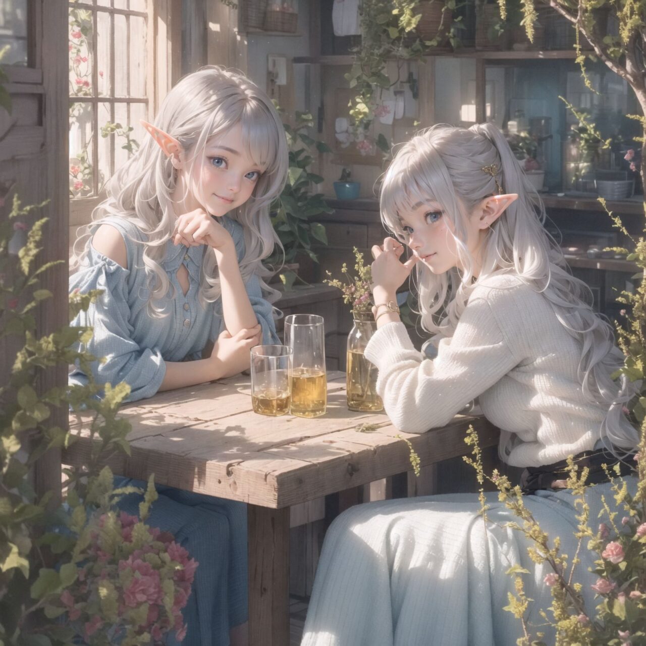 Bright and beautiful morning background. The air is clear and mysterious, lit by the morning sun, enhancing the fantastic atmosphere.
A fantastic world,

Four grown-up elf girls, now 18 years old, are sitting around a rustic wooden table,
On the table is a small dollhouse of elaborate design.
The girls sip elegant elf wine and reminisce. One girl smiles as she points to the dollhouse and shares a happy memory. Another girl gently touches a small piece of furniture in the dollhouse.

Their bluish-gray hair is cut stylishly short, creating a delicate, unkempt look. The girls have innocent, youthful expressions on their faces, smiling gently, cheeks flushed and smiling like idols.


In this image, I used an f/1.2 lens and shallow depth of field to focus on their faces. This produces a high-resolution image and creates depth.
Natural light casts soft shadows, highlighting the mature, youthful beauty of the girls and the delicate details of their elegant outfits.