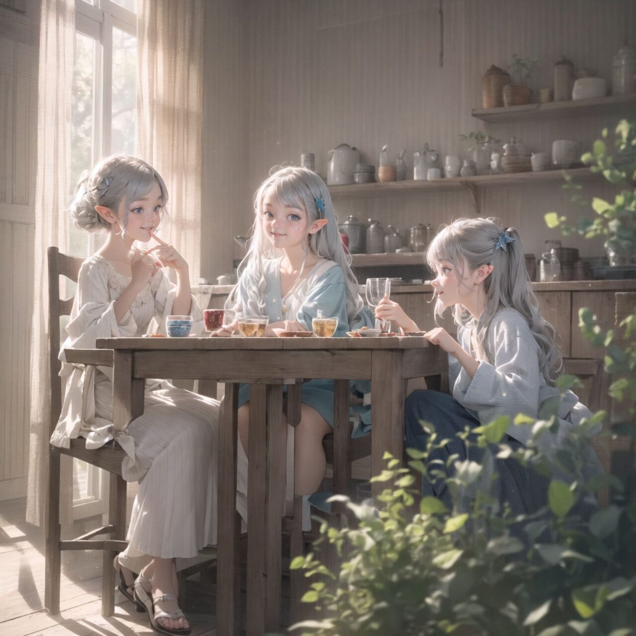 A dark but beautiful morning background. The air is clear and mysterious, lit by the morning sun, enhancing the fantastic atmosphere.
A fantastic world,

Four 18 year old elf kawaii girls are sitting around a rustic wooden table,
On the table is a small dollhouse of elaborate design.
The girls sip elegant elf wine and reminisce. One girl smiles as she points to the dollhouse and shares a happy memory. Another girl gently touches a small piece of furniture in the dollhouse.

Their bluish-gray hair is cut stylishly short, creating a delicate, unkempt look. The girls have innocent, youthful expressions on their faces, smiling gently, cheeks flushed and smiling like idols.


This image uses an f/1.2 lens and shallow depth of field to focus on their faces. This produces a high-resolution image and creates depth.
Natural light casts soft shadows, highlighting the mature, youthful beauty of the girls and the delicate details of their elegant outfits.