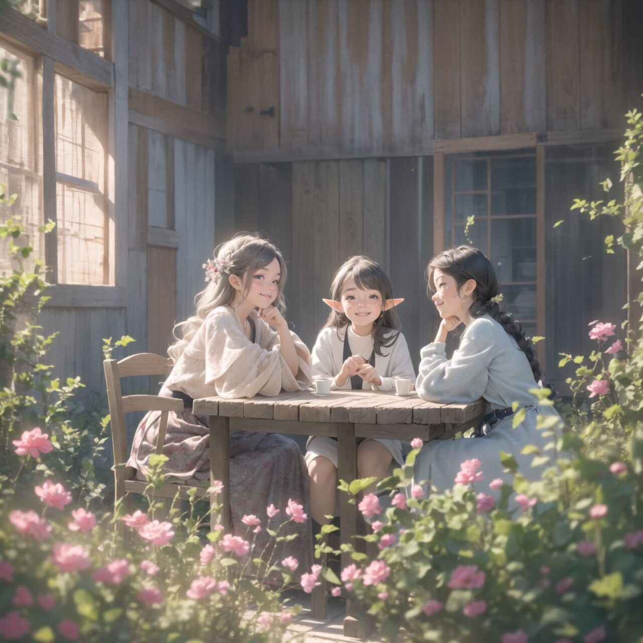 A dark but beautiful morning background. The air is clear and mysterious, lit by the morning sun, enhancing the fantastic atmosphere.
A fantastic world,

Four 18 year old elf kawaii girls are sitting around a rustic wooden table,
On the table is a small dollhouse of elaborate design.
The girls sip elegant elf wine and reminisce. One girl smiles as she points to the dollhouse and shares a happy memory. Another girl gently touches a small piece of furniture in the dollhouse.

Their bluish-gray hair is cut stylishly short, creating a delicate, unkempt look. The girls have innocent, youthful expressions on their faces, smiling gently, cheeks flushed and smiling like idols.


This image uses an f/1.2 lens and shallow depth of field to focus on their faces. This produces a high-resolution image and creates depth.
Natural light casts soft shadows, highlighting the mature, youthful beauty of the girls and the delicate details of their elegant outfits.