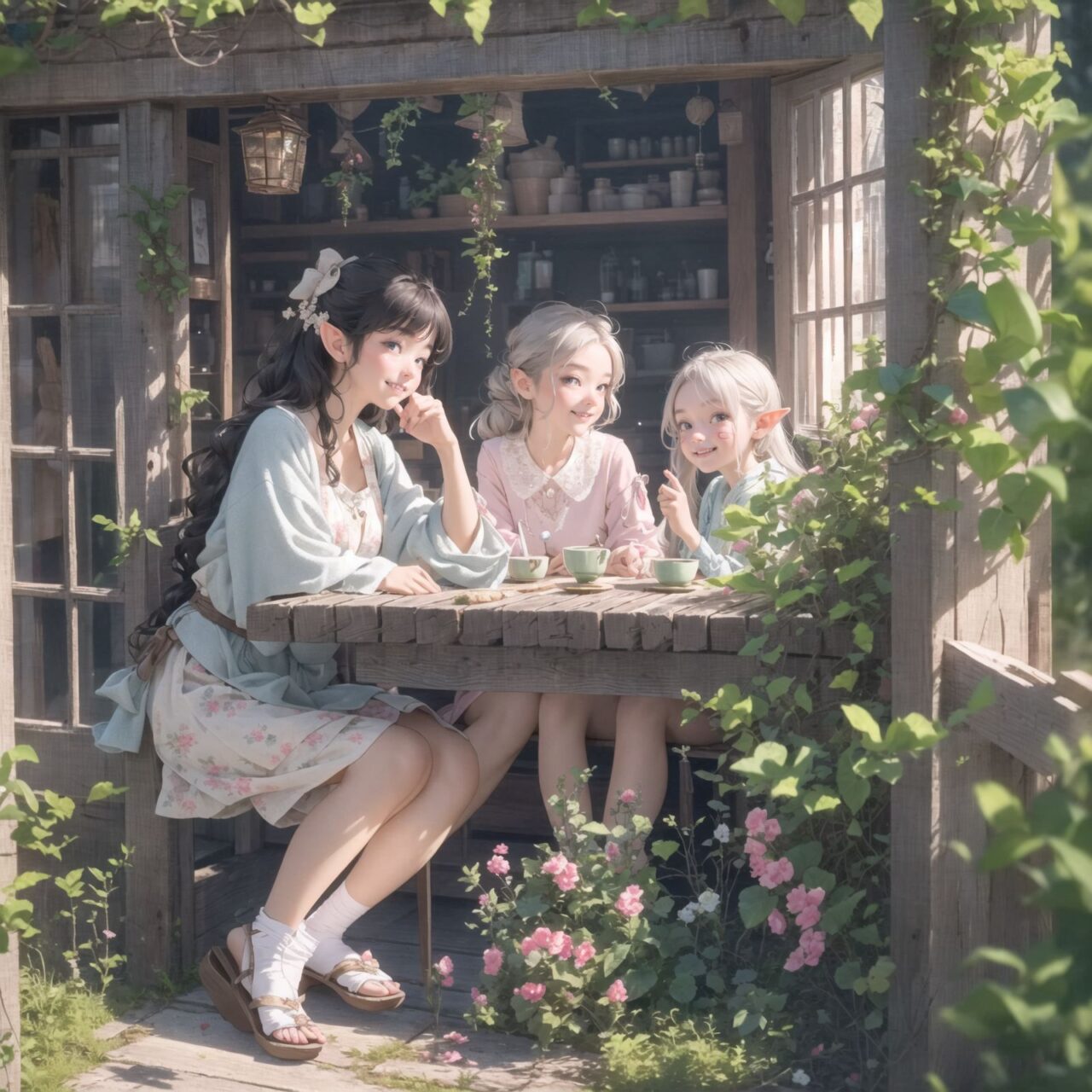 A dark but beautiful morning background. The air is clear and mysterious, lit by the morning sun, enhancing the fantastic atmosphere.
A fantastic world,

Four 18 year old elf kawaii girls are sitting around a rustic wooden table,
On the table is a small dollhouse of elaborate design.
The girls sip elegant elf wine and reminisce. One girl smiles as she points to the dollhouse and shares a happy memory. Another girl gently touches a small piece of furniture in the dollhouse.

Their bluish-gray hair is cut stylishly short, creating a delicate, unkempt look. The girls have innocent, youthful expressions on their faces, smiling gently, cheeks flushed and smiling like idols.


This image uses an f/1.2 lens and shallow depth of field to focus on their faces. This produces a high-resolution image and creates depth.
Natural light casts soft shadows, highlighting the mature, youthful beauty of the girls and the delicate details of their elegant outfits.