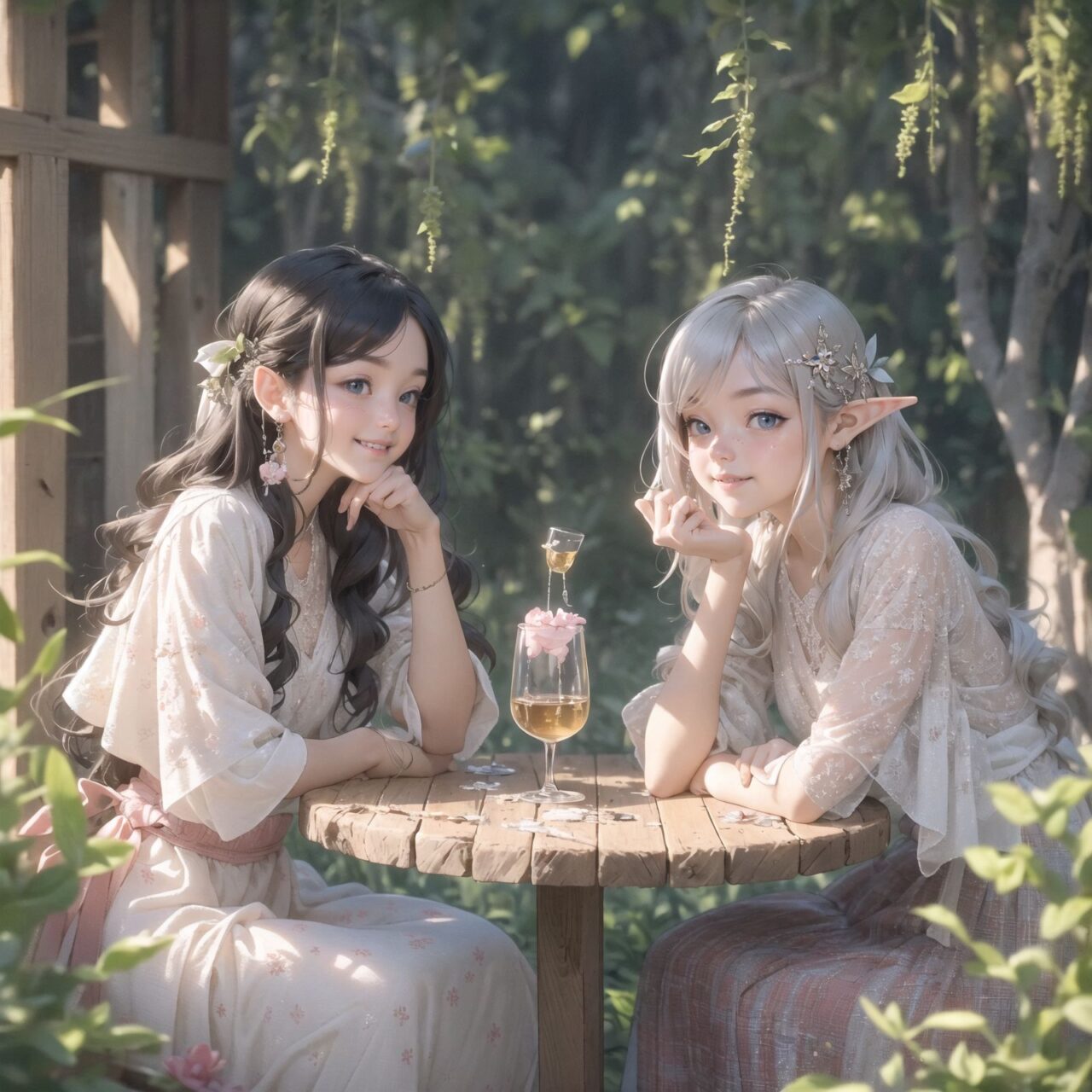 A dark but beautiful morning background. The air is clear and mysterious, lit by the morning sun, enhancing the fantastic atmosphere.
A fantastic world,

Four 18 year old elf kawaii girls are sitting around a rustic wooden table,
On the table is a small dollhouse of elaborate design.
The girls sip elegant elf wine and reminisce. One girl smiles as she points to the dollhouse and shares a happy memory. Another girl gently touches a small piece of furniture in the dollhouse.

Their bluish-gray hair is cut stylishly short, creating a delicate, unkempt look. The girls have innocent, youthful expressions on their faces, smiling gently, cheeks flushed and smiling like idols.


This image uses an f/1.2 lens and shallow depth of field to focus on their faces. This produces a high-resolution image and creates depth.
Natural light casts soft shadows, highlighting the mature, youthful beauty of the girls and the delicate details of their elegant outfits.