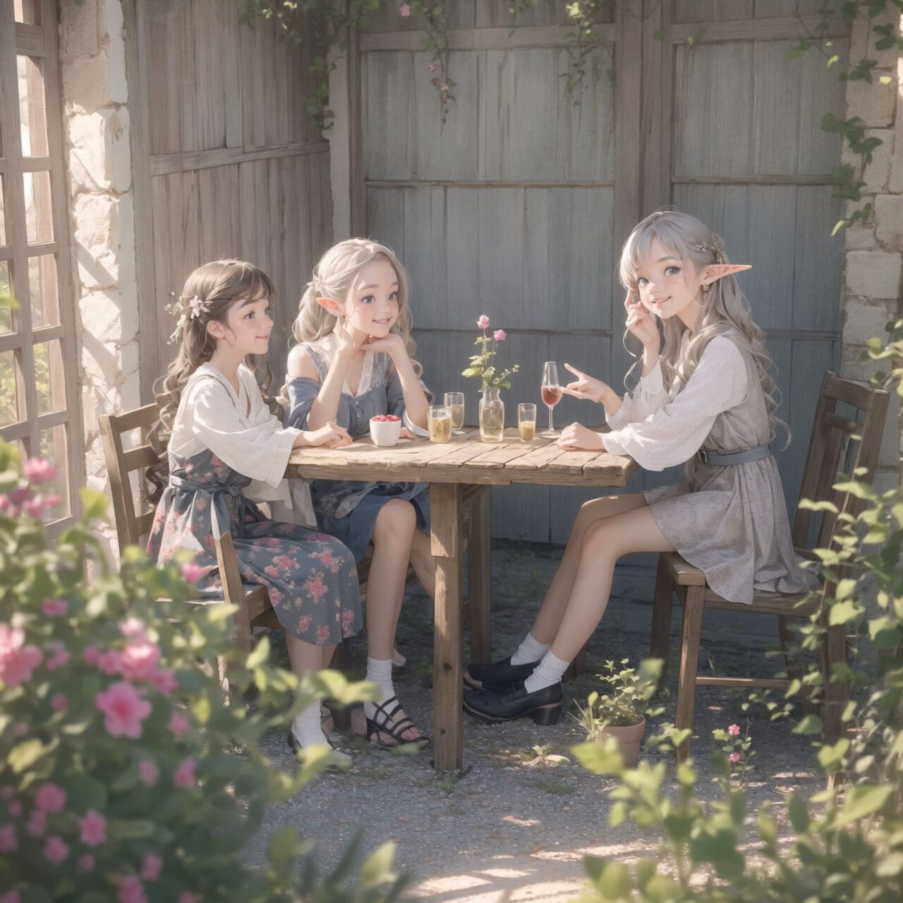 A dark but beautiful morning background. The air is clear and mysterious, lit by the morning sun, enhancing the fantastic atmosphere.
A fantastic world,

Four 18 year old elf kawaii girls are sitting around a rustic wooden table,
On the table is a small dollhouse of elaborate design.
The girls sip elegant elf wine and reminisce. One girl smiles as she points to the dollhouse and shares a happy memory. Another girl gently touches a small piece of furniture in the dollhouse.

Their bluish-gray hair is cut stylishly short, creating a delicate, unkempt look. The girls have innocent, youthful expressions on their faces, smiling gently, cheeks flushed and smiling like idols.


This image uses an f/1.2 lens and shallow depth of field to focus on their faces. This produces a high-resolution image and creates depth.
Natural light casts soft shadows, highlighting the mature, youthful beauty of the girls and the delicate details of their elegant outfits.